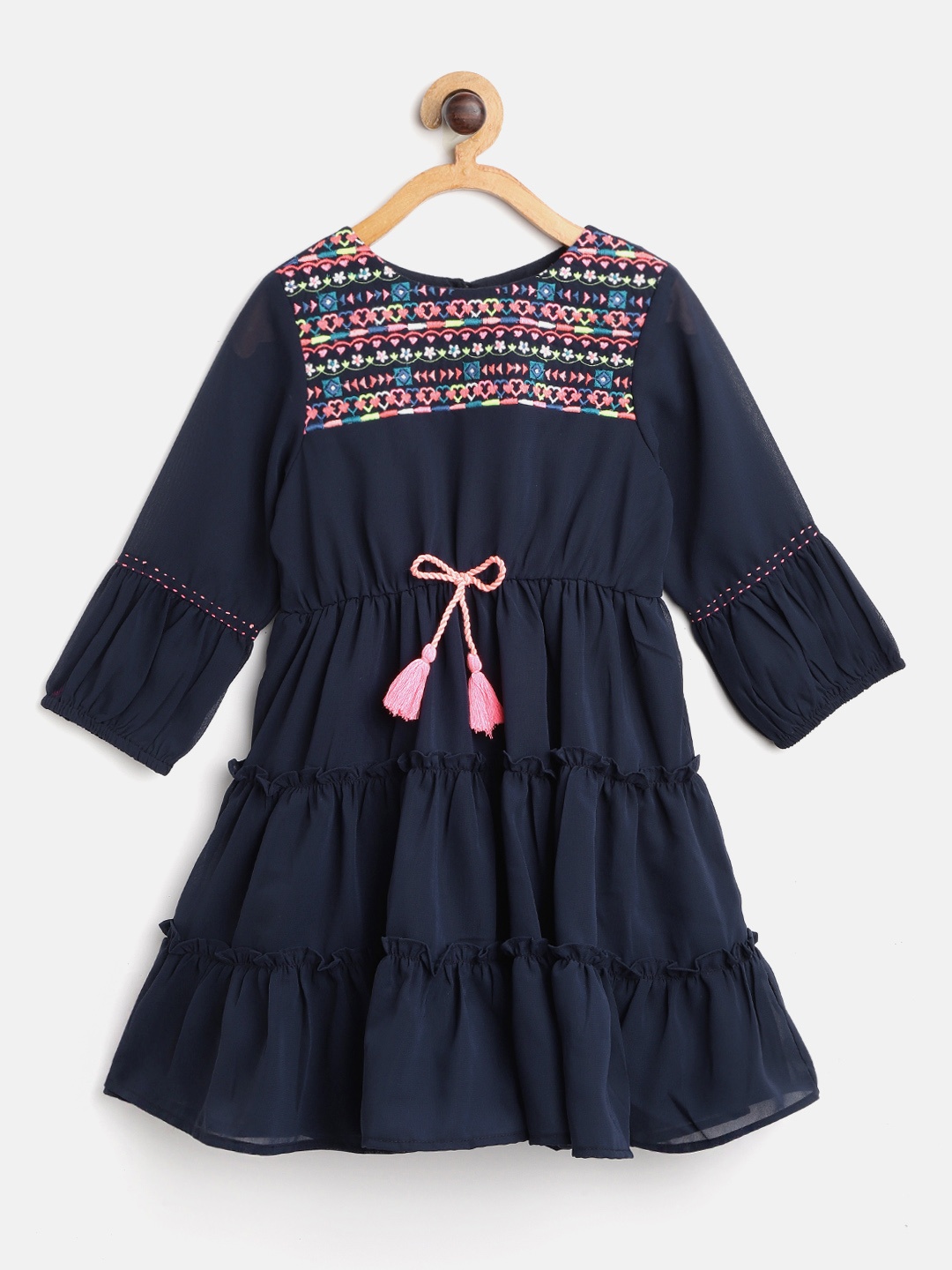 

Nauti Nati Girls Navy Blue Embroidered Tiered Dress