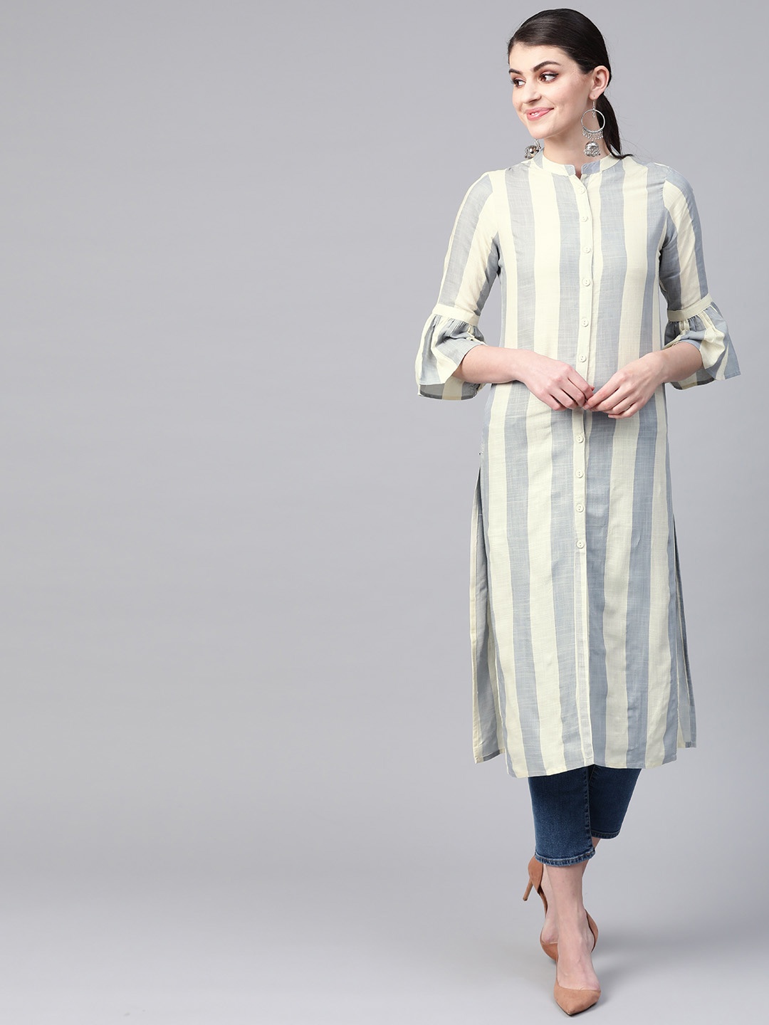 

Meeranshi Women Grey & Cream-Coloured Striped Straight Kurta