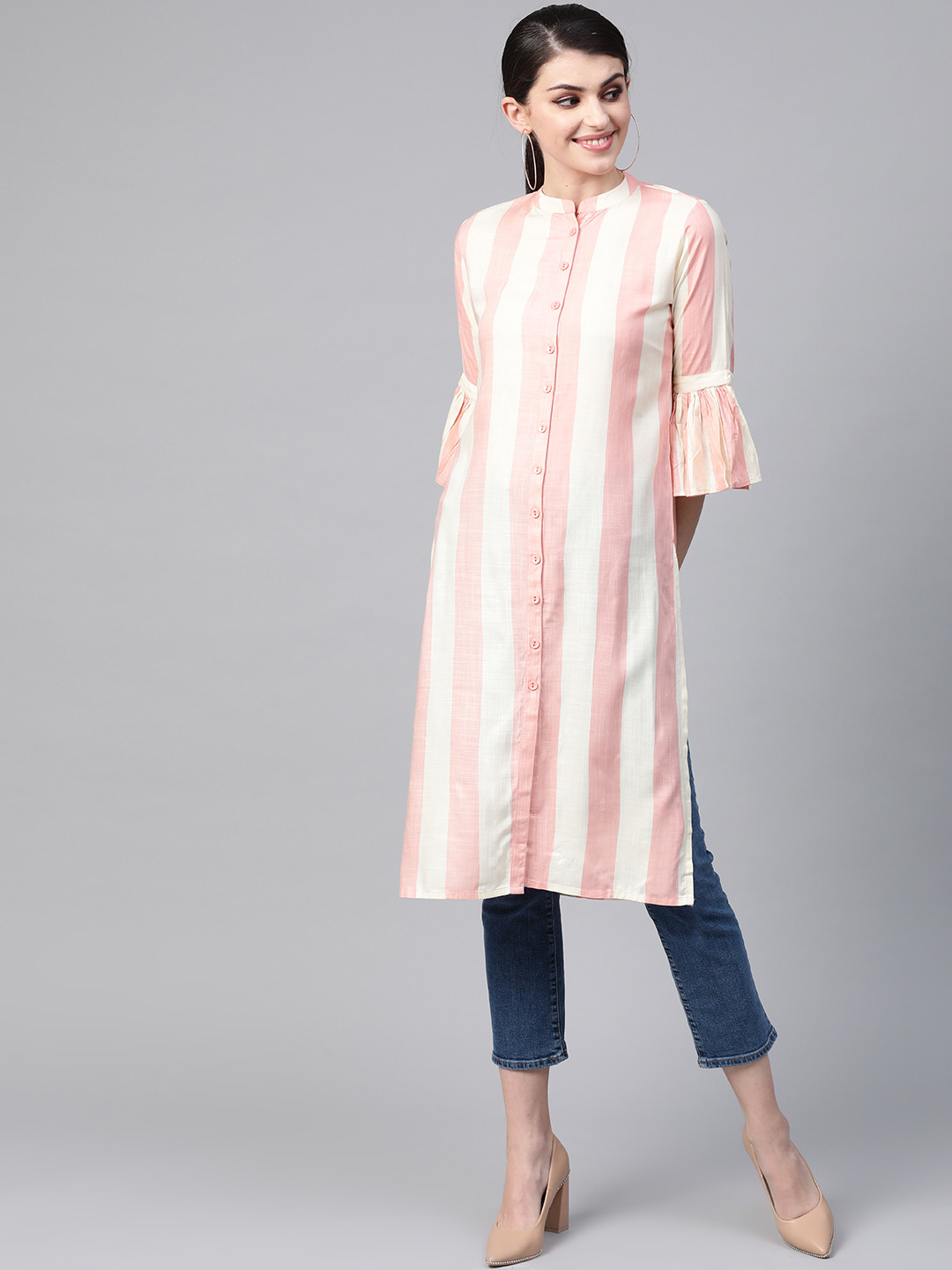 

Meeranshi Women Cream-Coloured & Pink Striped Straight Kurta