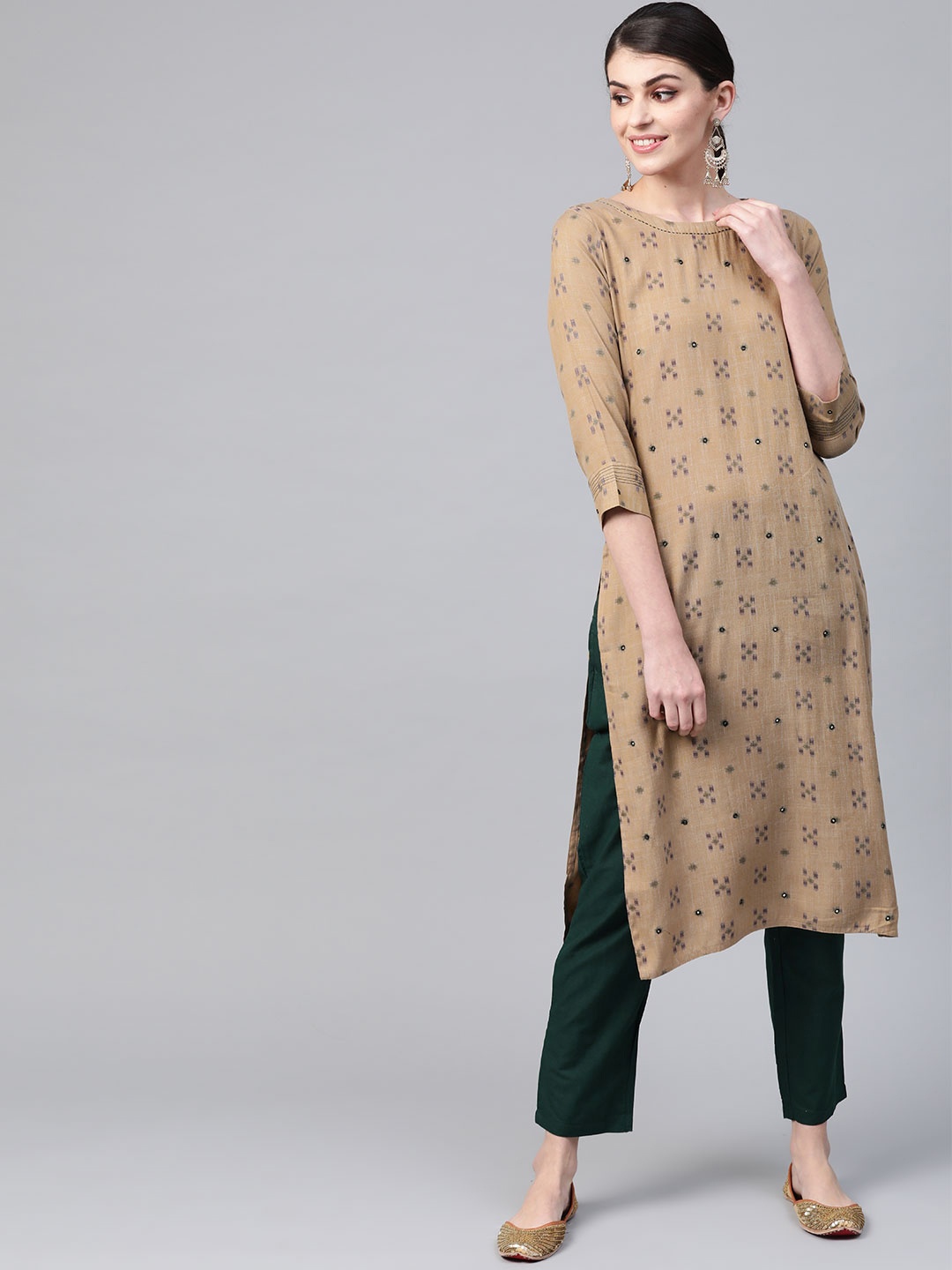 

Meeranshi Women Beige & Green Woven Design Kurta with Trousers