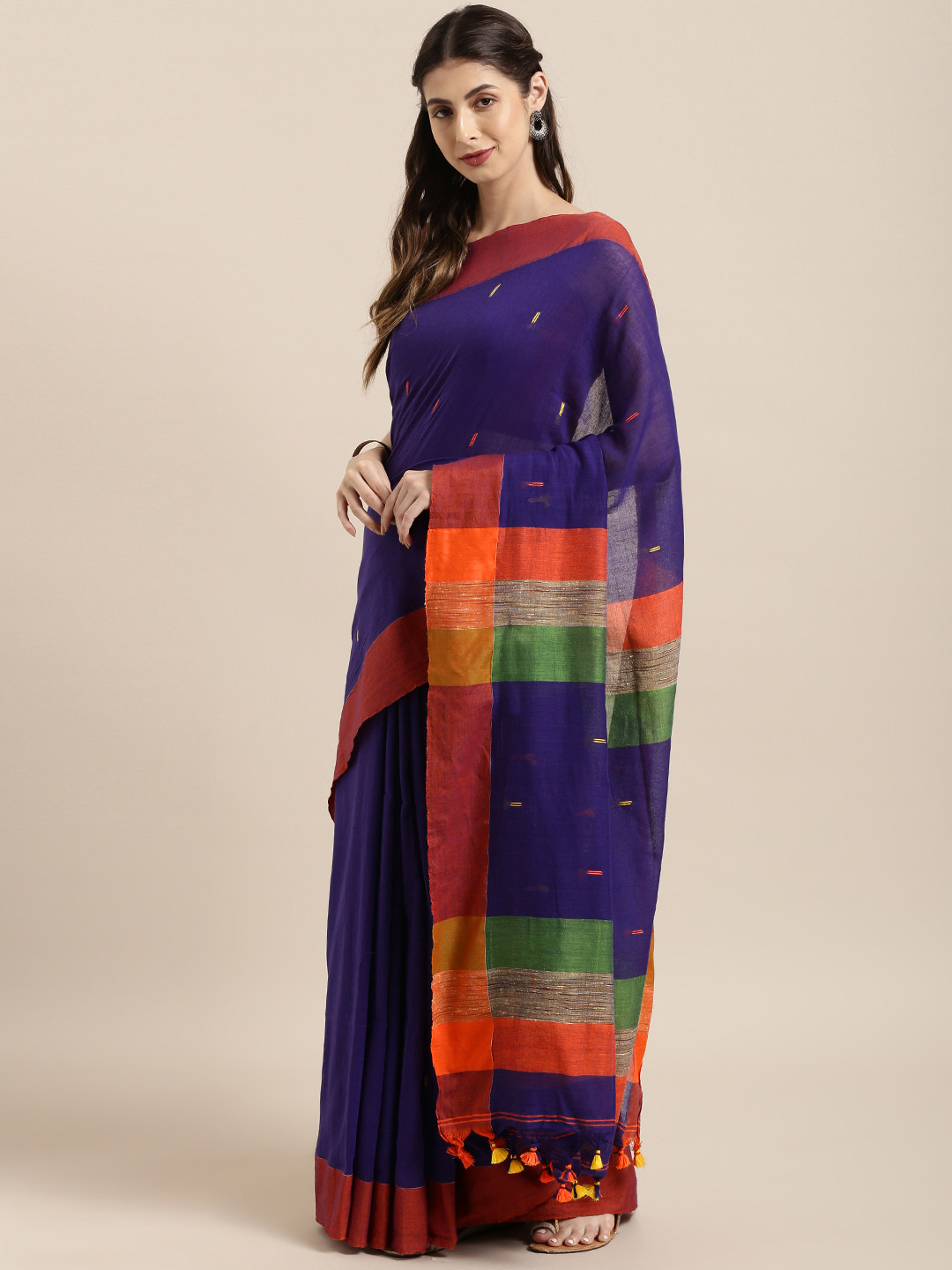 

Mitera Blue & Orange Pure Cotton Solid Khadi Saree