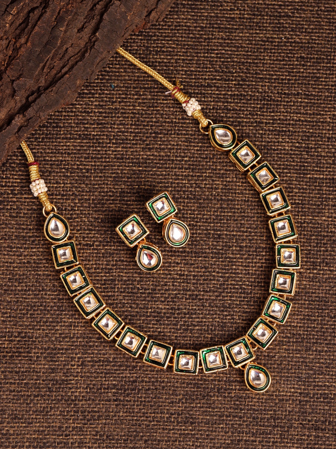 

Fabstreet Gold-Plated Green & White Kundan Studded Meenakari Jewellery Set