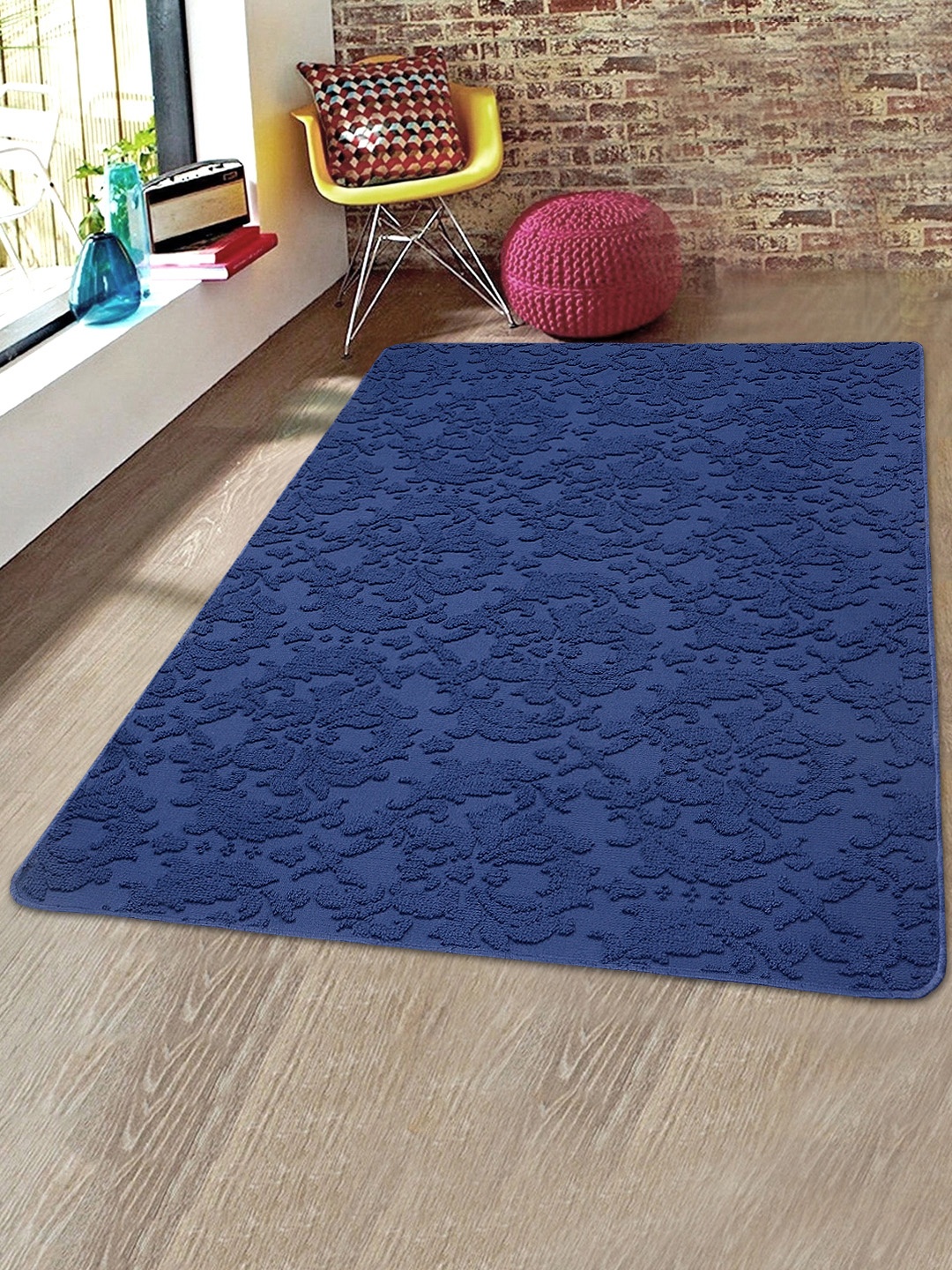 

Saral Home Blue Floral Patterned Microfiber Anti-Skid Carpet, Navy blue