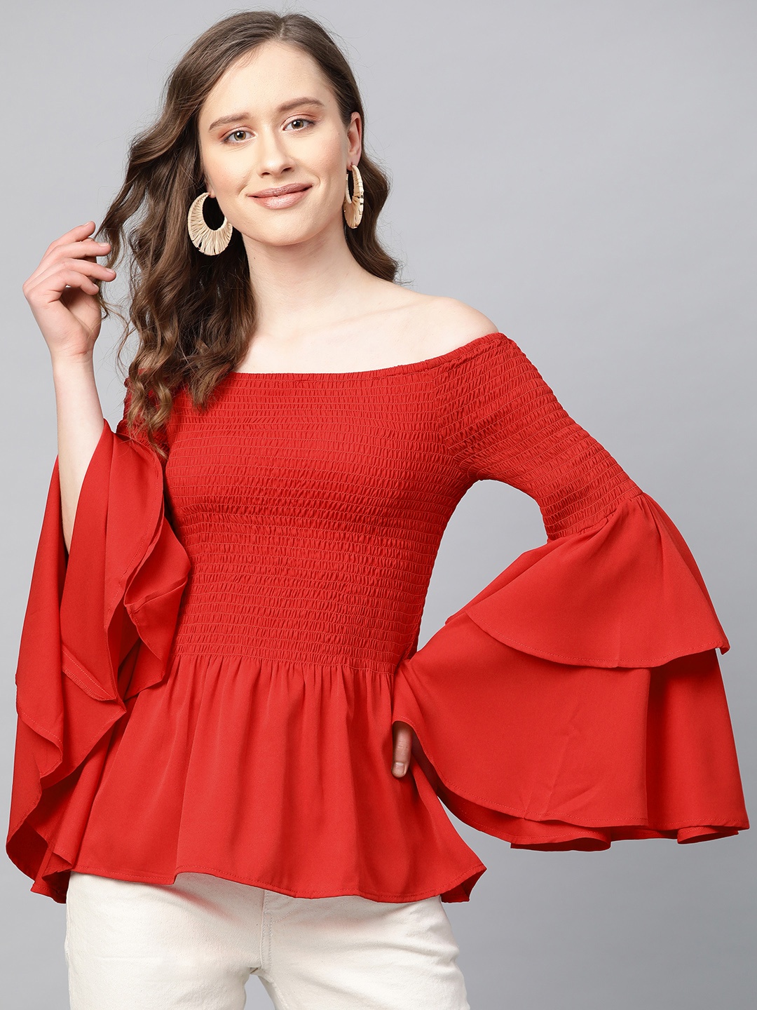 

ATRAENTA Women Red Solid Bardot Top