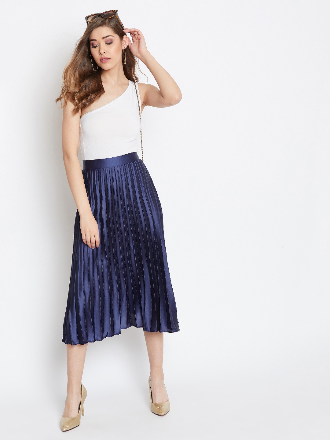 

Uptownie Lite Women Satin Pleated Midi Skirt, Navy blue