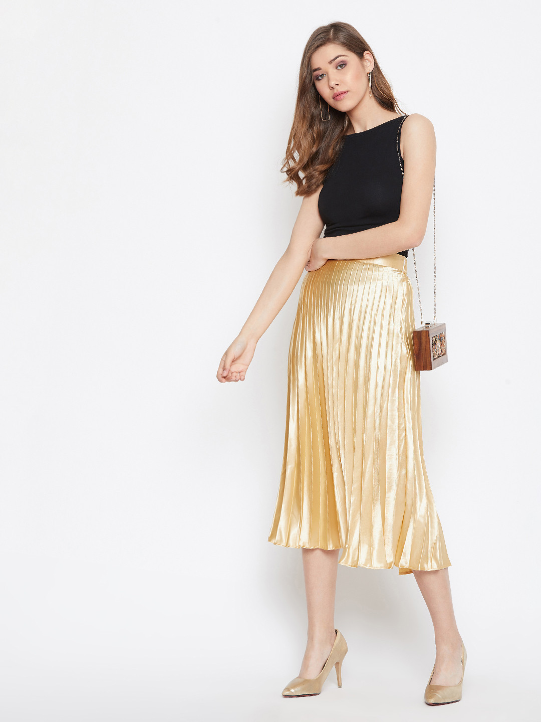 

Uptownie Lite Women Gold-Coloured Solid Accordion Pleated Flared Midi Skirt