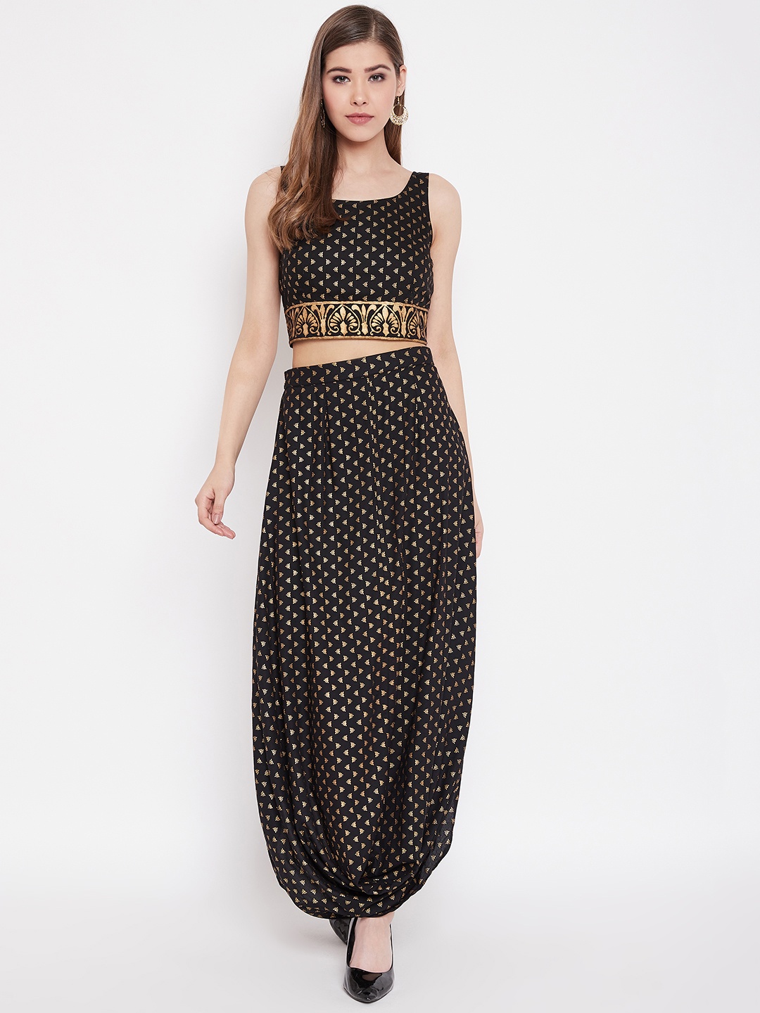 

MABISH by Sonal Jain Women Black & Golden Printed Top with Dhoti Skirt