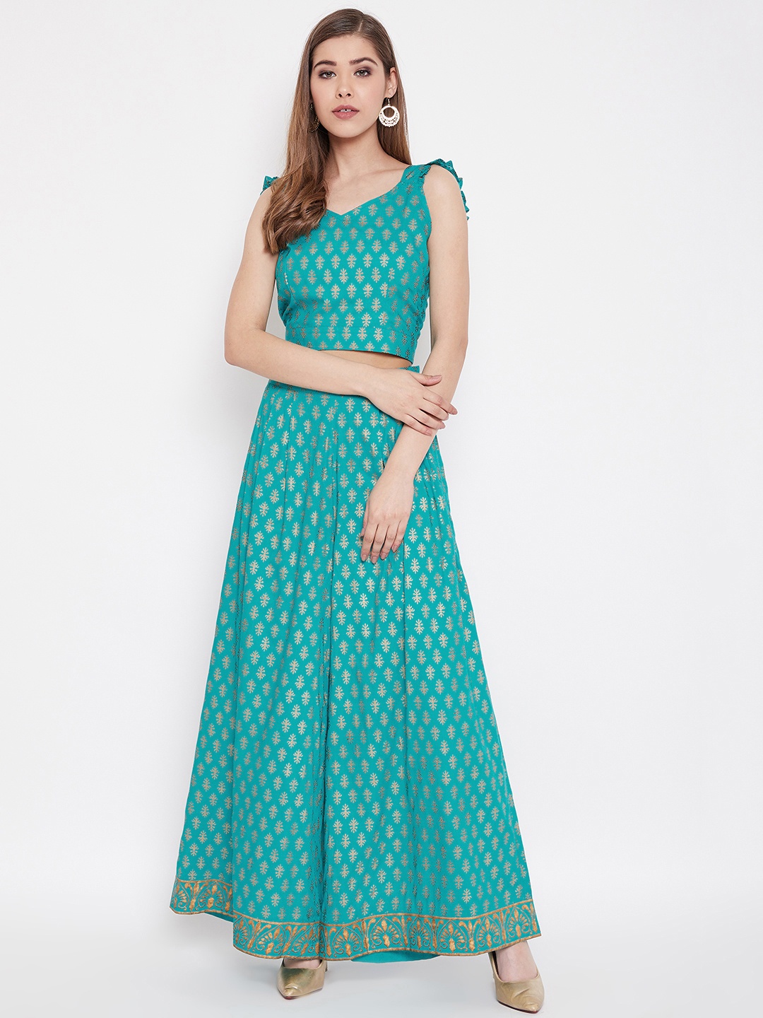

MABISH by Sonal Jain Women Blue & Golden Printed Top with Palazzos