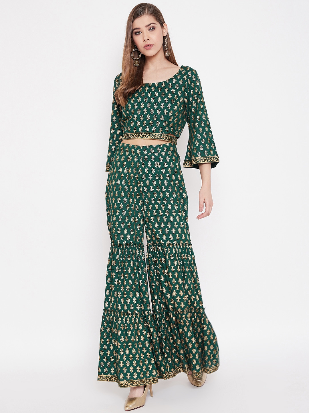

MABISH by Sonal Jain Women Green & Golden Printed Top with Sharara