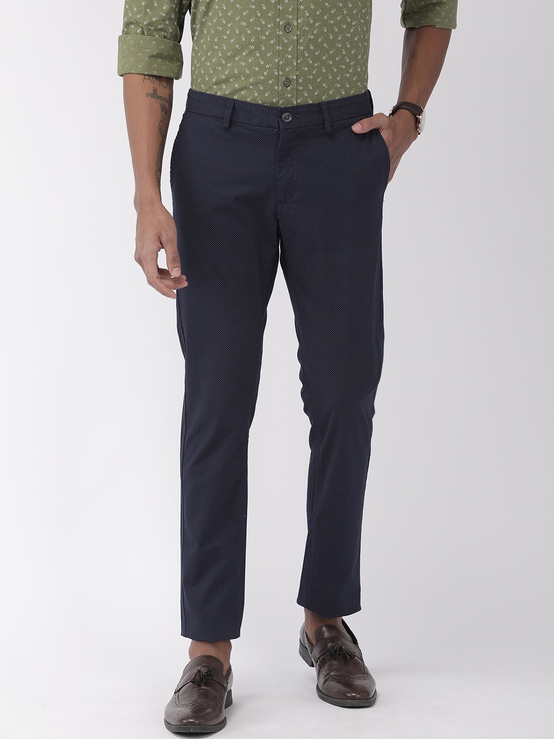 

Indian Terrain Men Navy Blue Brooklyn Slim Fit Printed Smart Casual Trousers