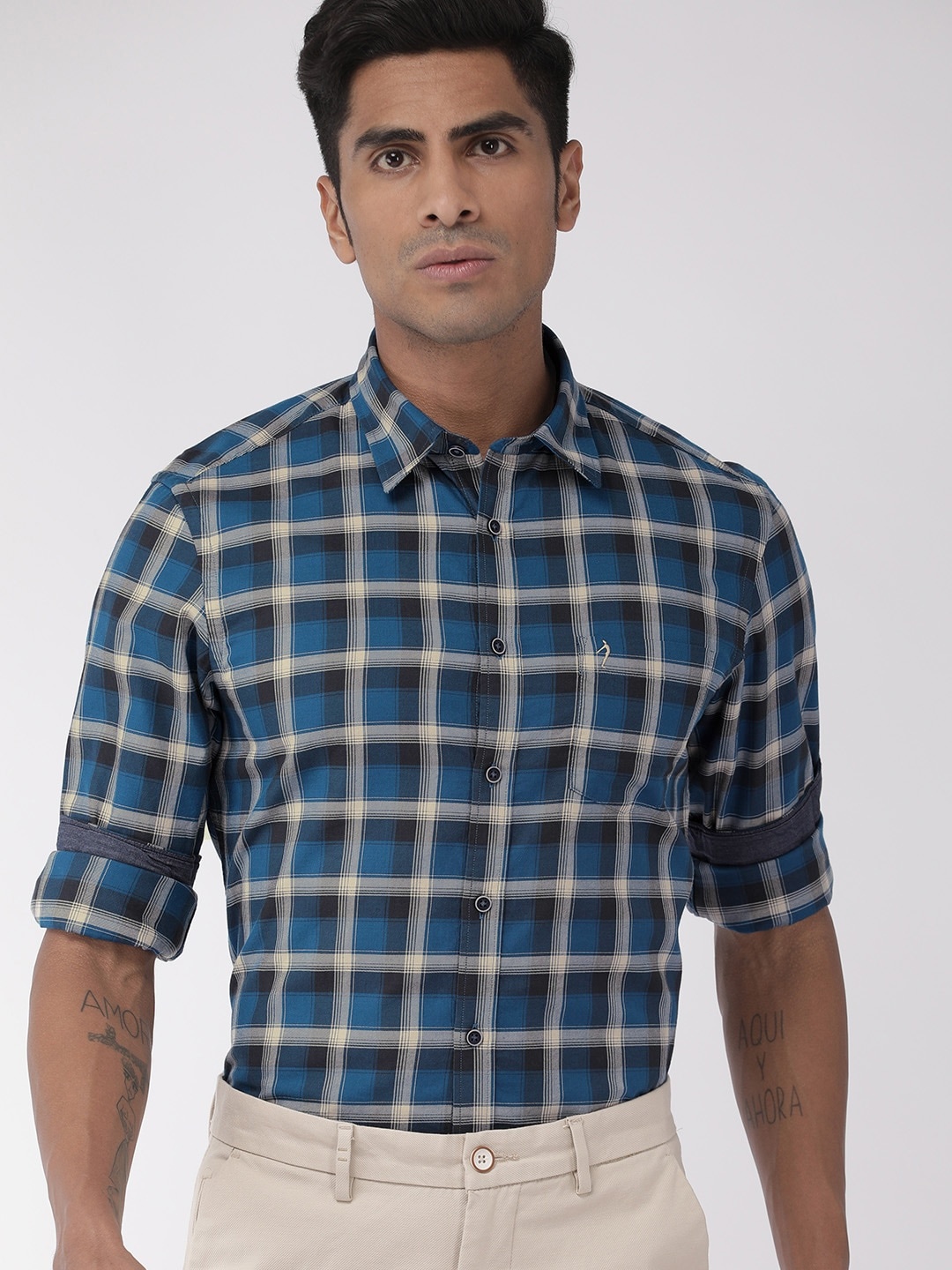 

Indian Terrain Men Teal Blue & Beige Chiseled Slim Fit Checked Smart Casual Shirt