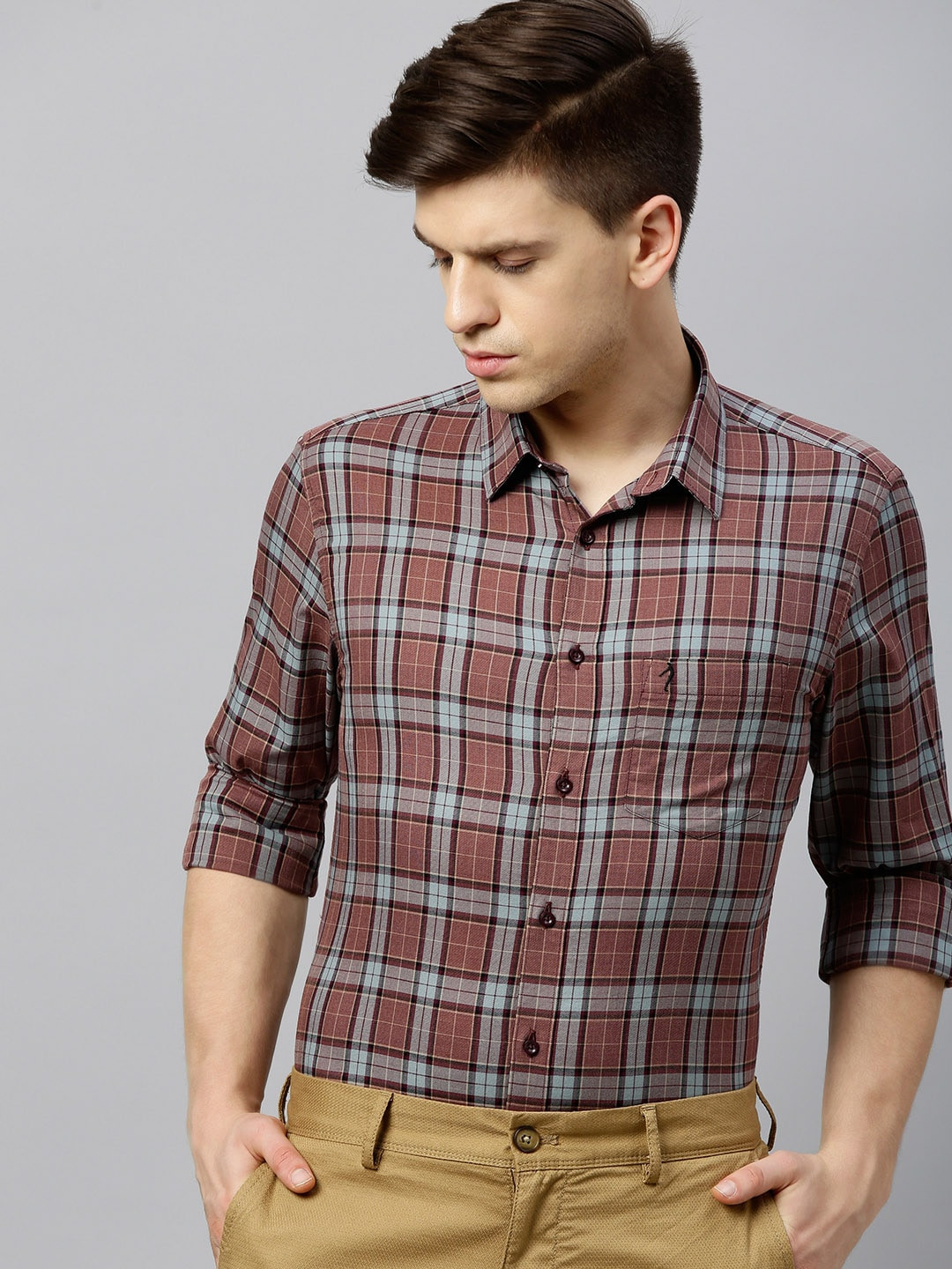 

Indian Terrain Men Maroon & Grey Chiseled Slim Fit Checked Smart Casual Shirt