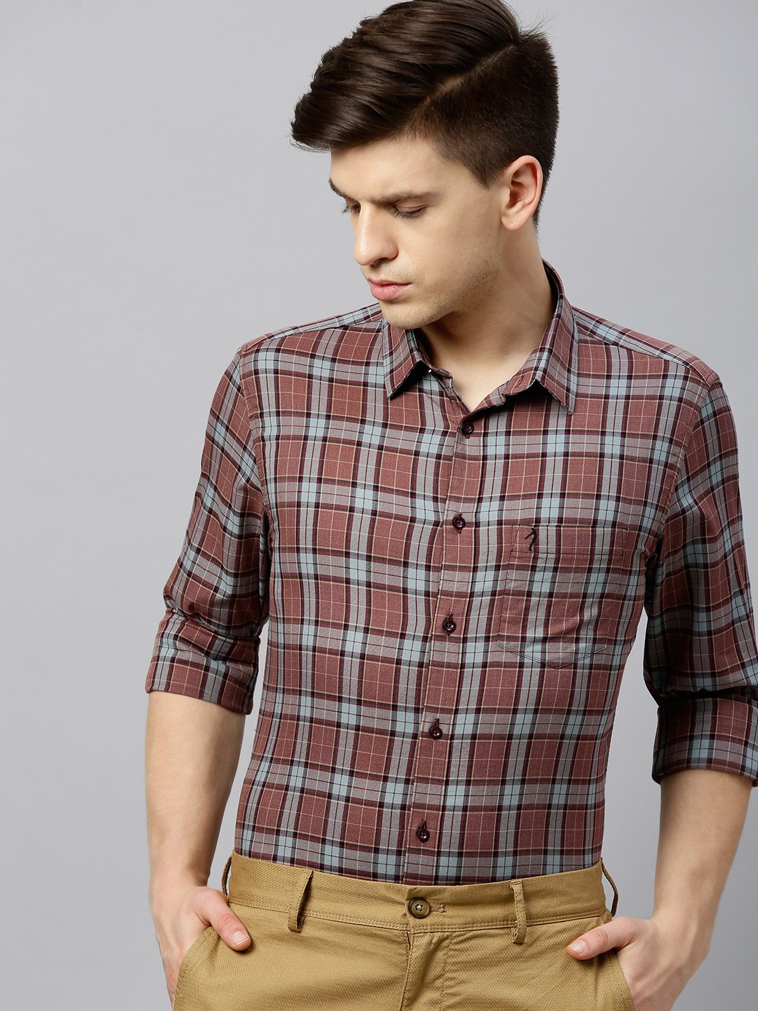 

Indian Terrain Men Maroon & Grey Chiseled Slim Fit Checked Smart Casual Shirt