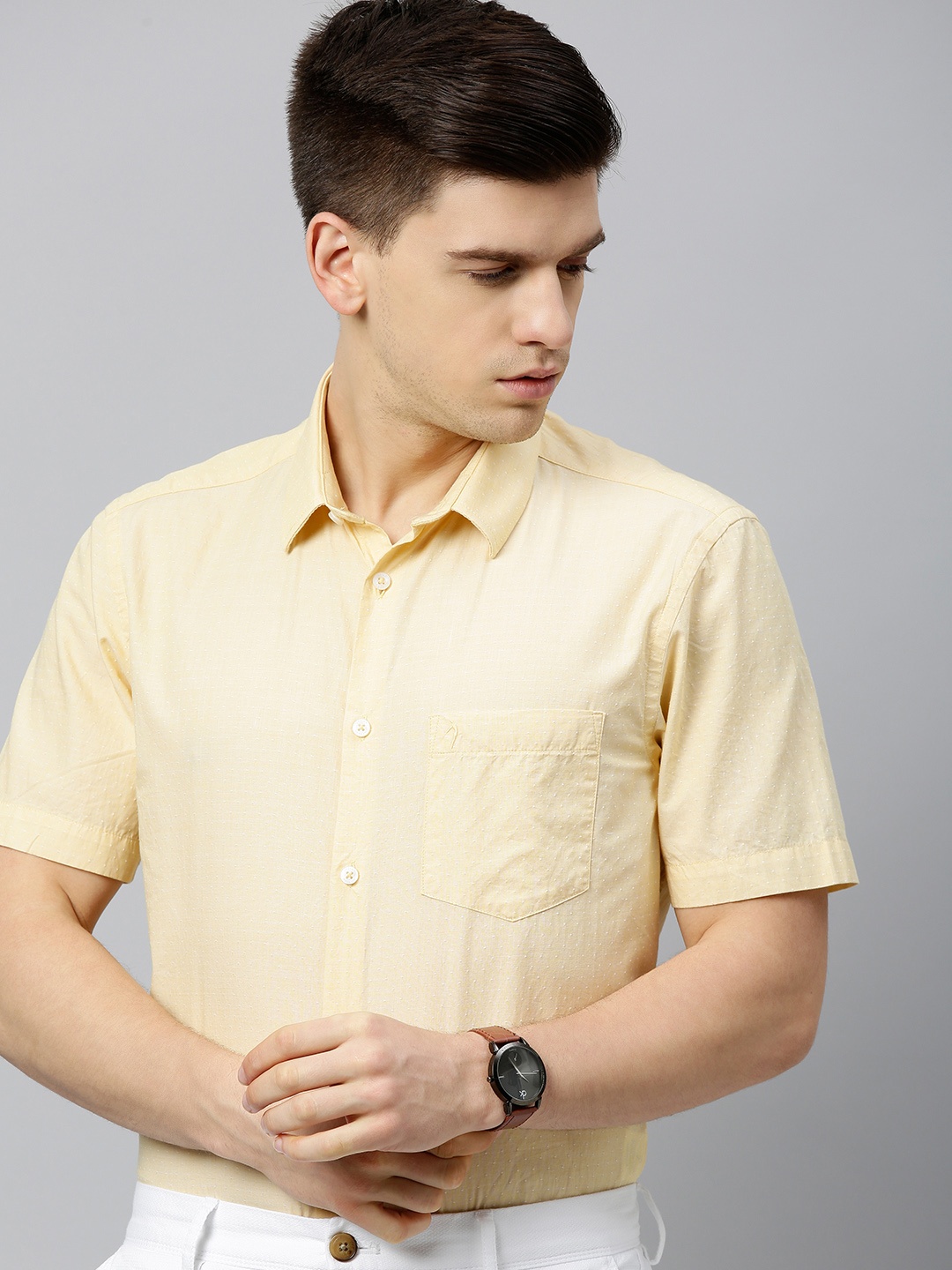

Indian Terrain Men Yellow & White Slim Fit Self Design Smart Casual Shirt