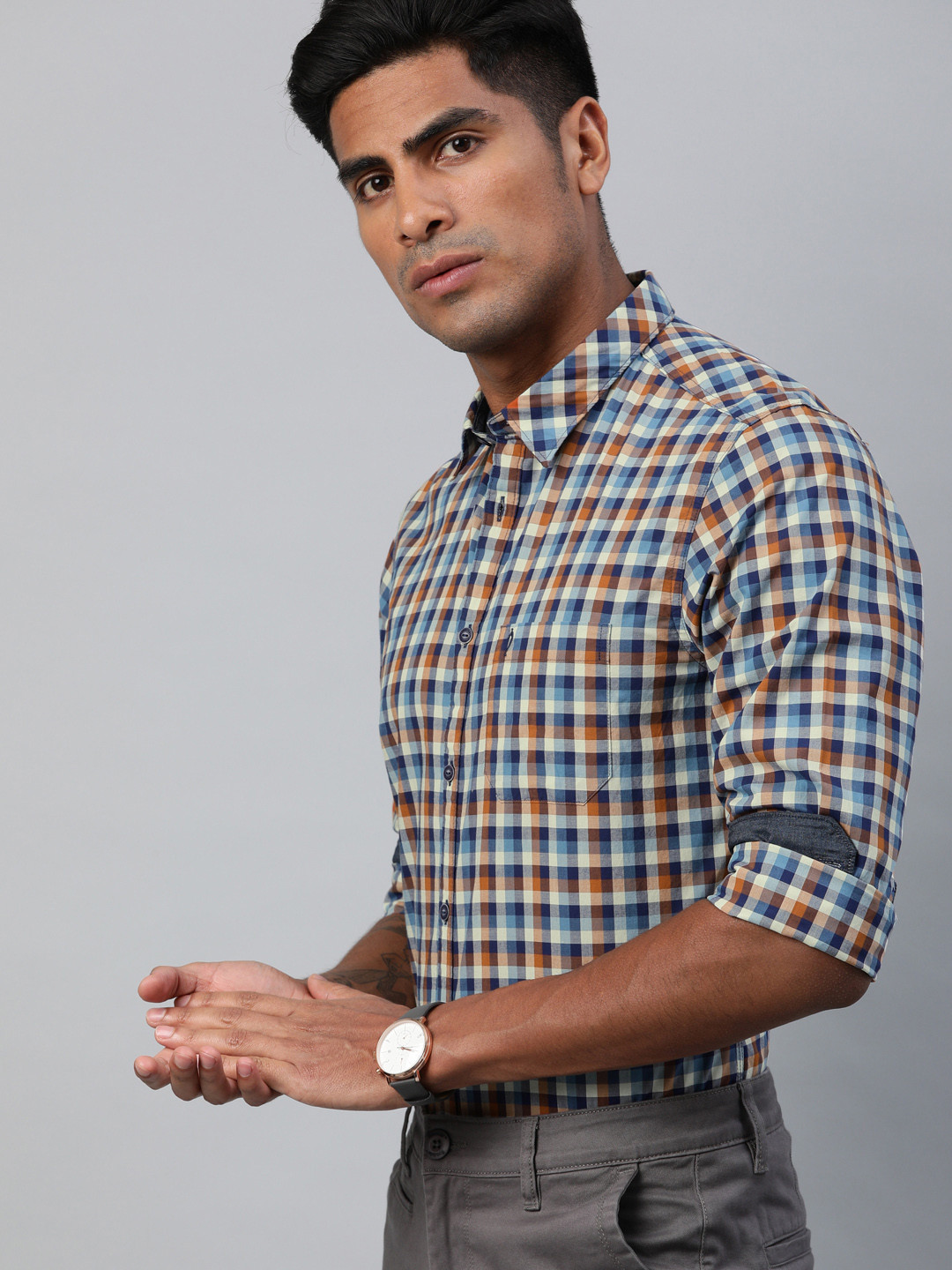 

Indian Terrain Men Mint Green & Orange Slim Fit Checked Smart Casual Shirt