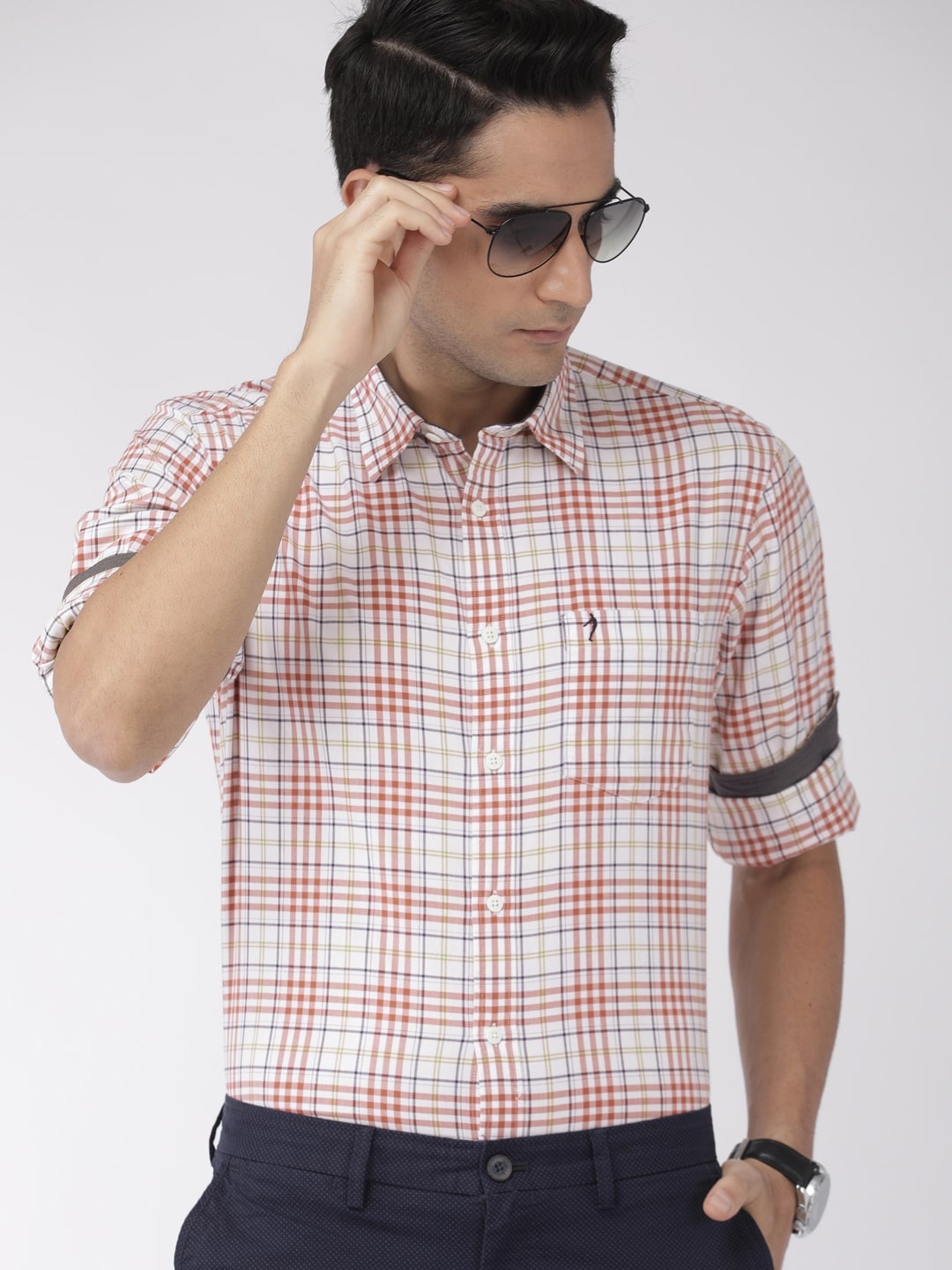 

Indian Terrain Men White and Orange Checked Slim Fit Cotton Smart Casual Shirt