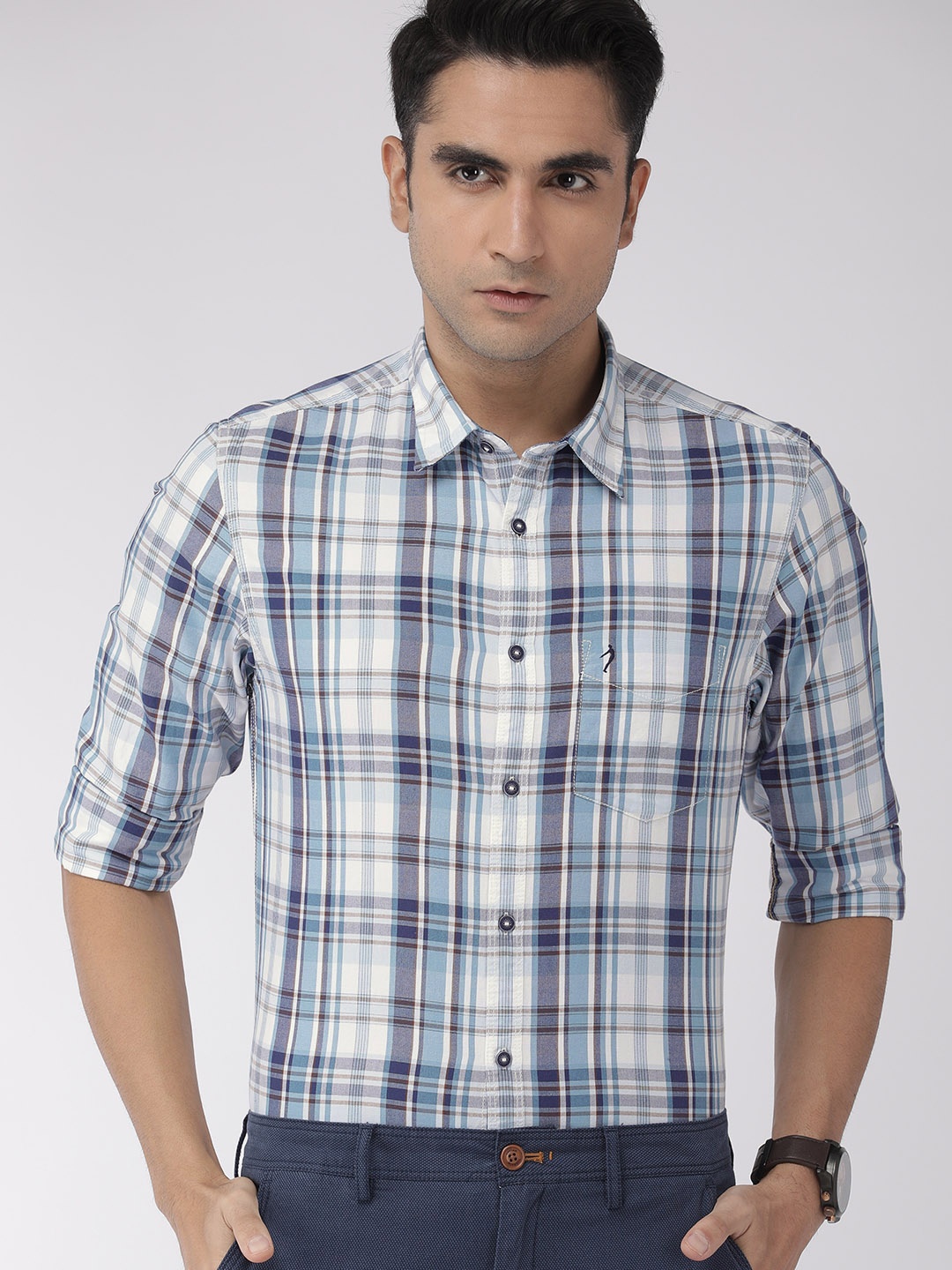 

Indian Terrain Men White & Blue Chiseled Slim Fit Checked Smart Casual Shirt