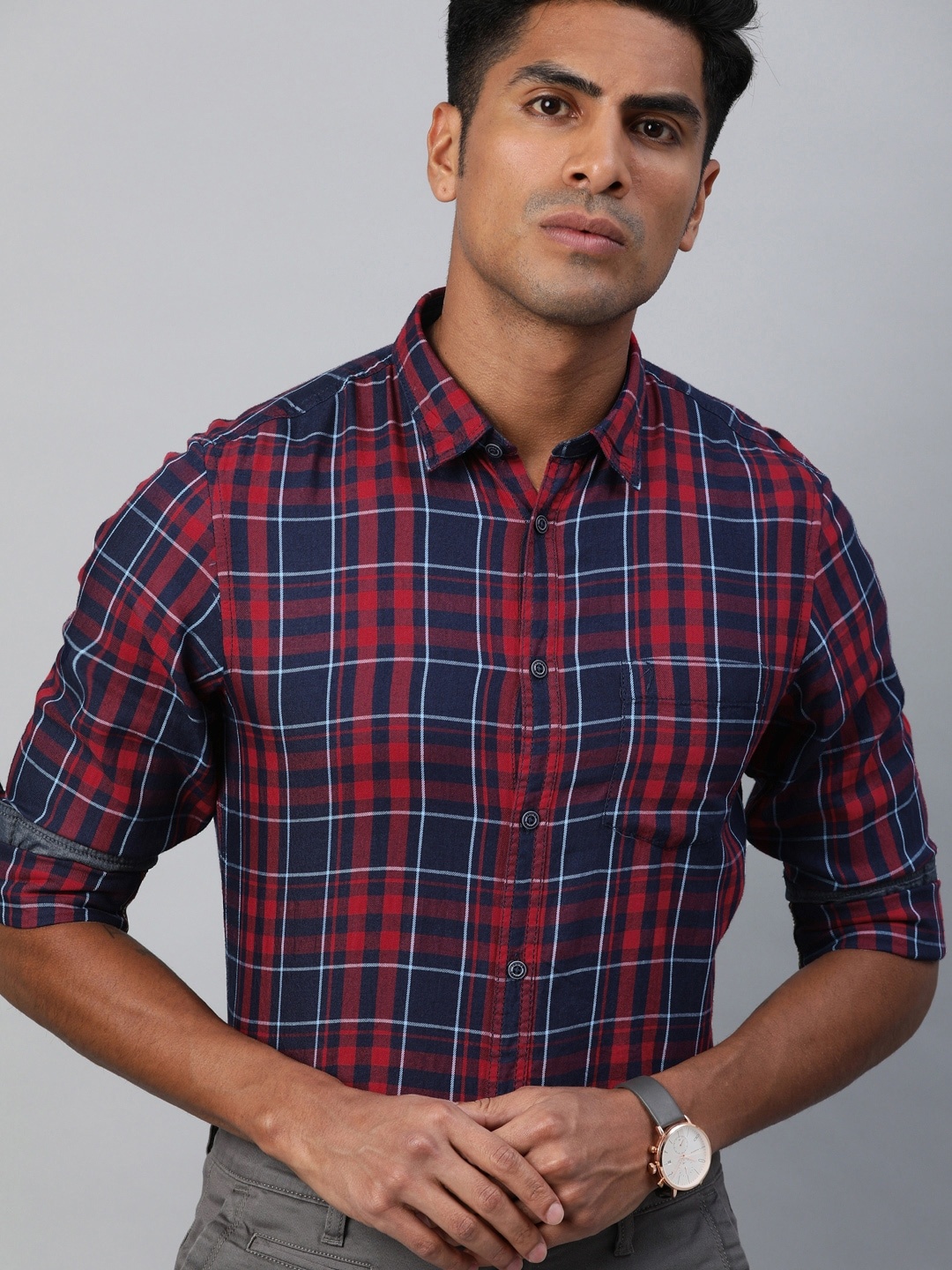 

Indian Terrain Men Red & Navy Blue Chiseled Slim Fit Checked Smart Casual Shirt