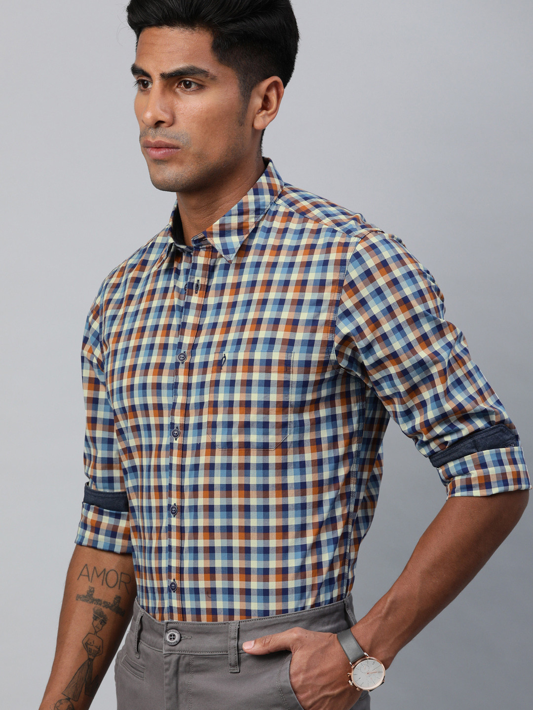 

Indian Terrain Men Mint Green & Orange Chiseled Regular Fit Checked Smart Casual Shirt