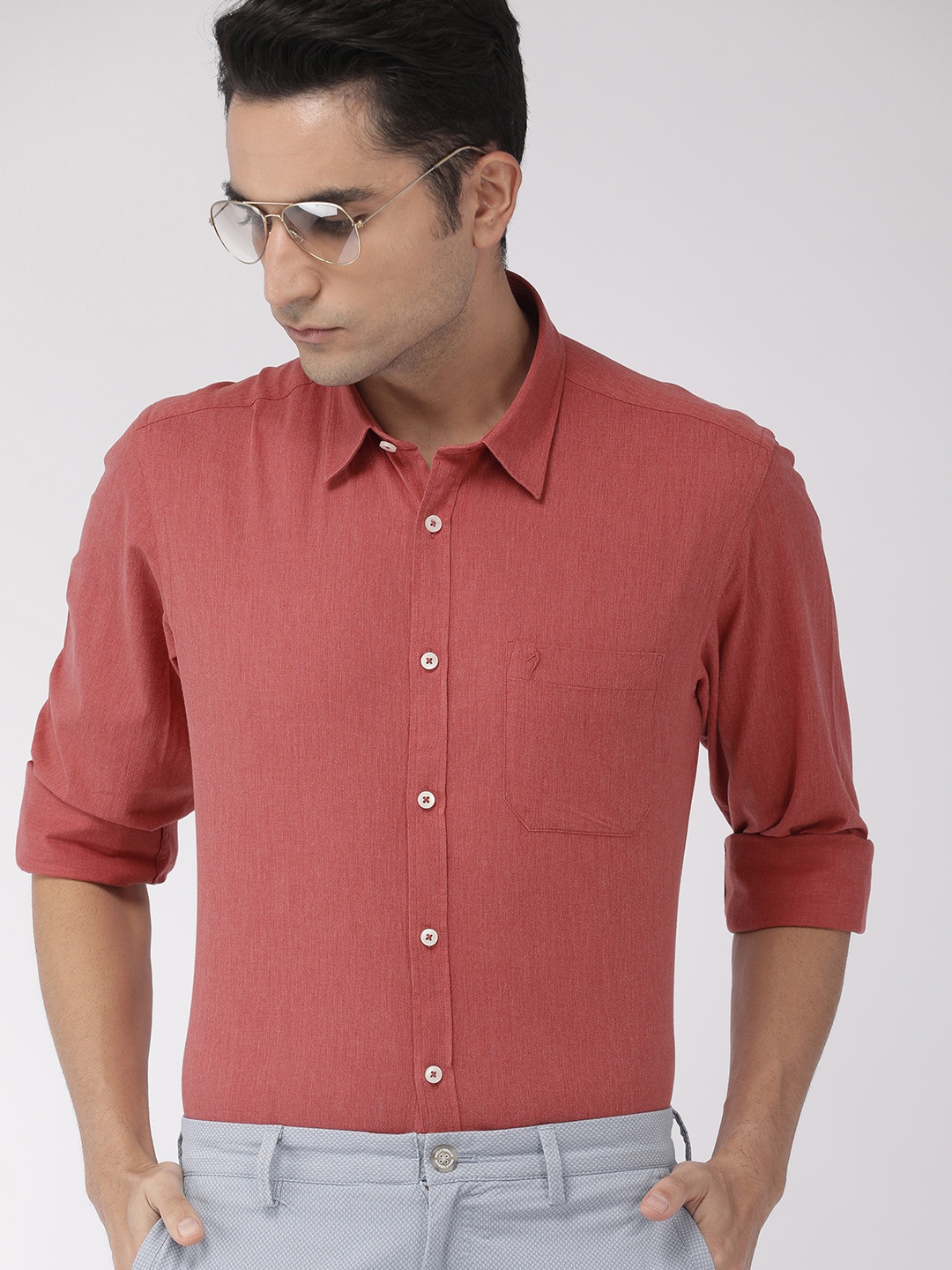

Indian Terrain Men Rust Red Slim Fit Solid Smart Casual Shirt