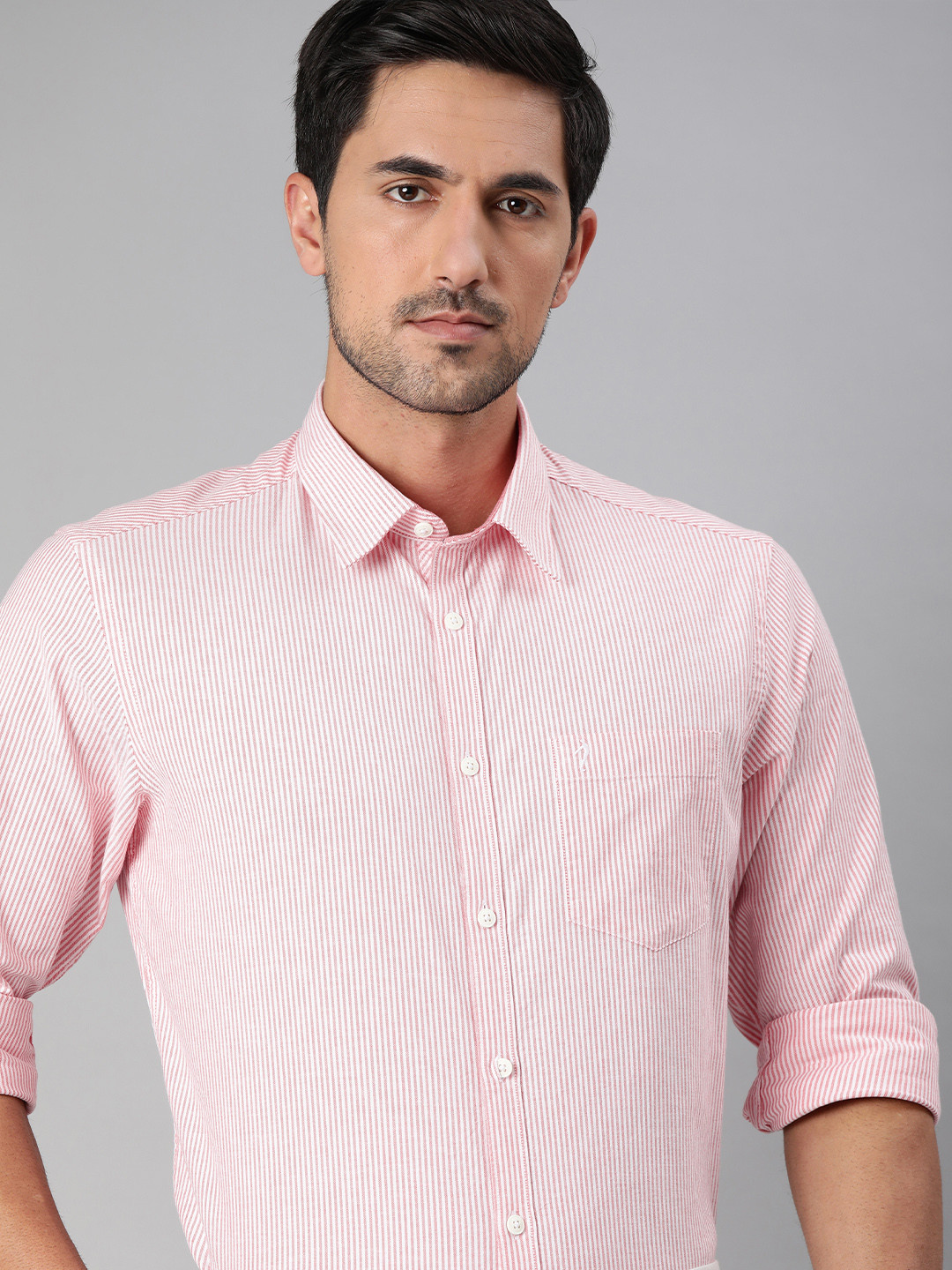 

Indian Terrain Men White & Pink Slim Fit Striped Formal Shirt