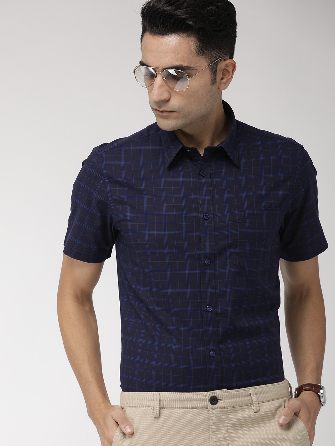 

Indian Terrain Men Navy Blue Slim Fit Checked Smart Casual Shirt