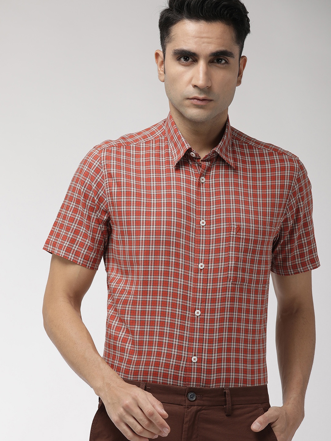 

Indian Terrain Men Rust Orange & Off-White Slim Fit Checked Smart Casual Shirt