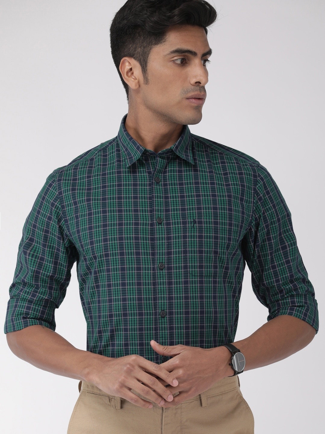 

Indian Terrain Men Green & Navy Blue Slim Fit Checked Smart Casual Shirt
