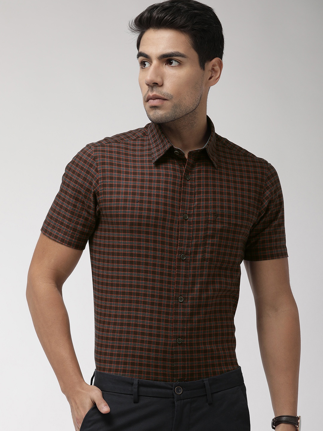 

Indian Terrain Men Brown & Rust Brown Chiseled Slim Fit Checked Smart Casual Shirt