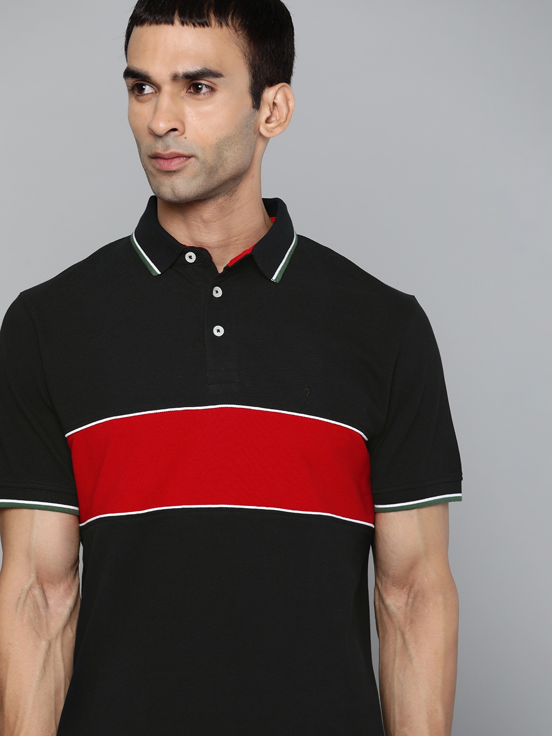 

Indian Terrain Men Black Red Pure Cotton Colourblocked Polo Collar Pure Cotton T-shirt