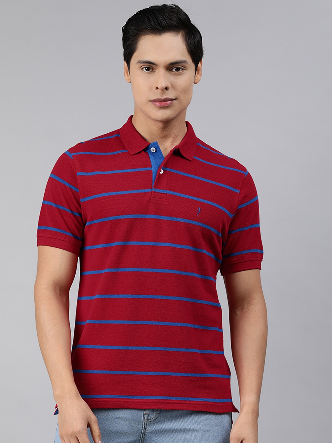 

Indian Terrain Men Maroon & Blue Striped Pure Cotton Polo Collar T-shirt