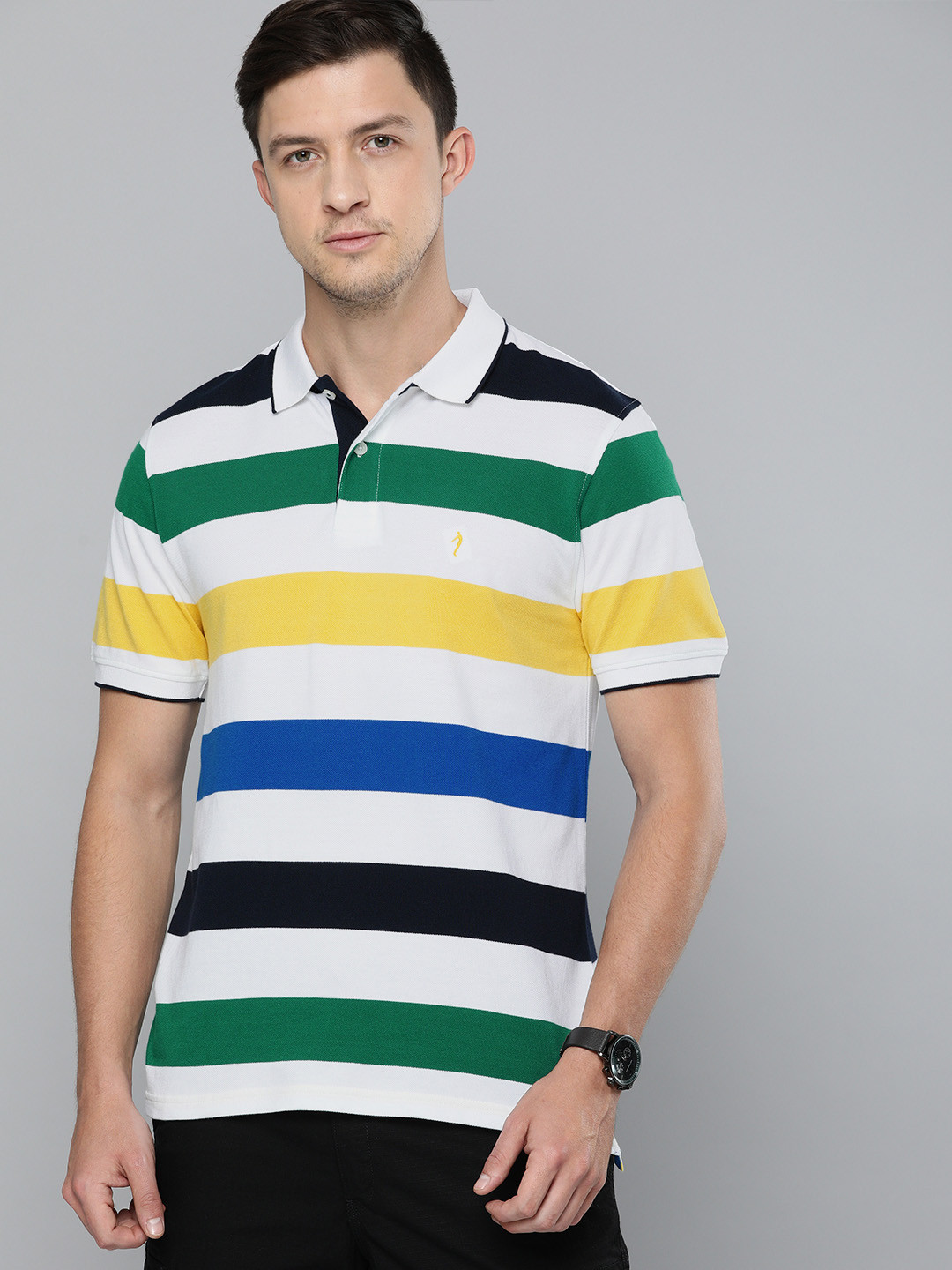 

Indian Terrain Men White Blue Striped Polo Collar Pure Cotton T-shirt