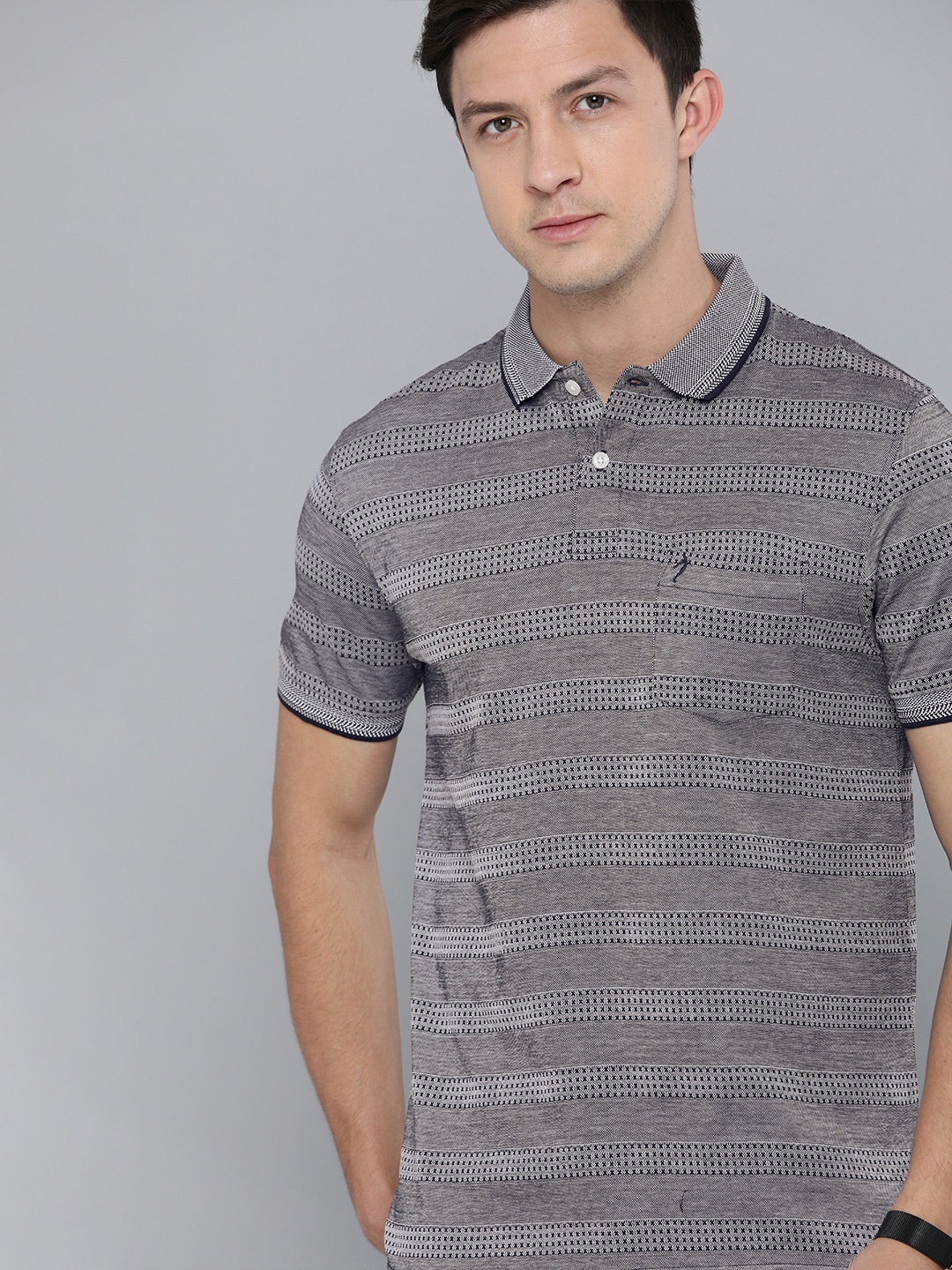 

Indian Terrain Men Grey Regular Fit Self Striped Polo Collar Pure Cotton T-shirt