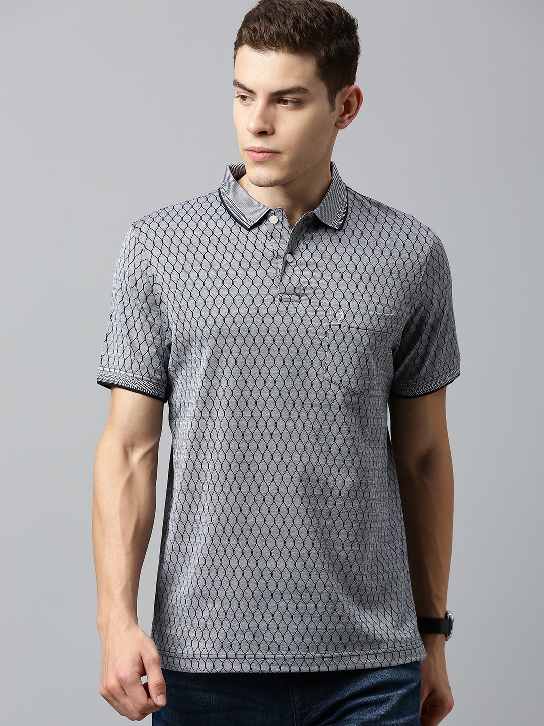 

Indian Terrain Men Grey & Navy Blue Self Design Polo Collar T-shirt