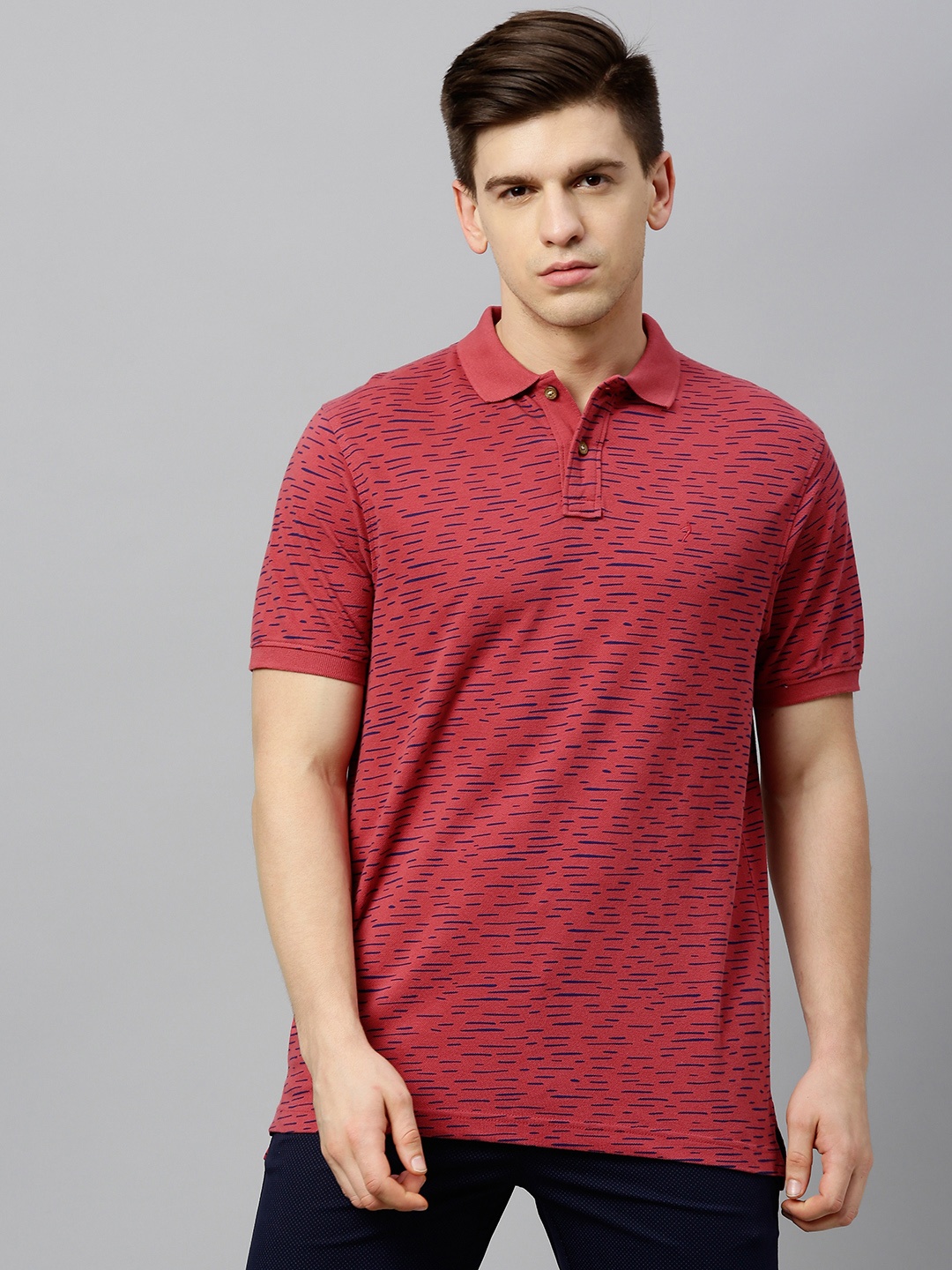 

Indian Terrain Men Pink Blue Printed Polo Collar Pure Cotton T-shirt