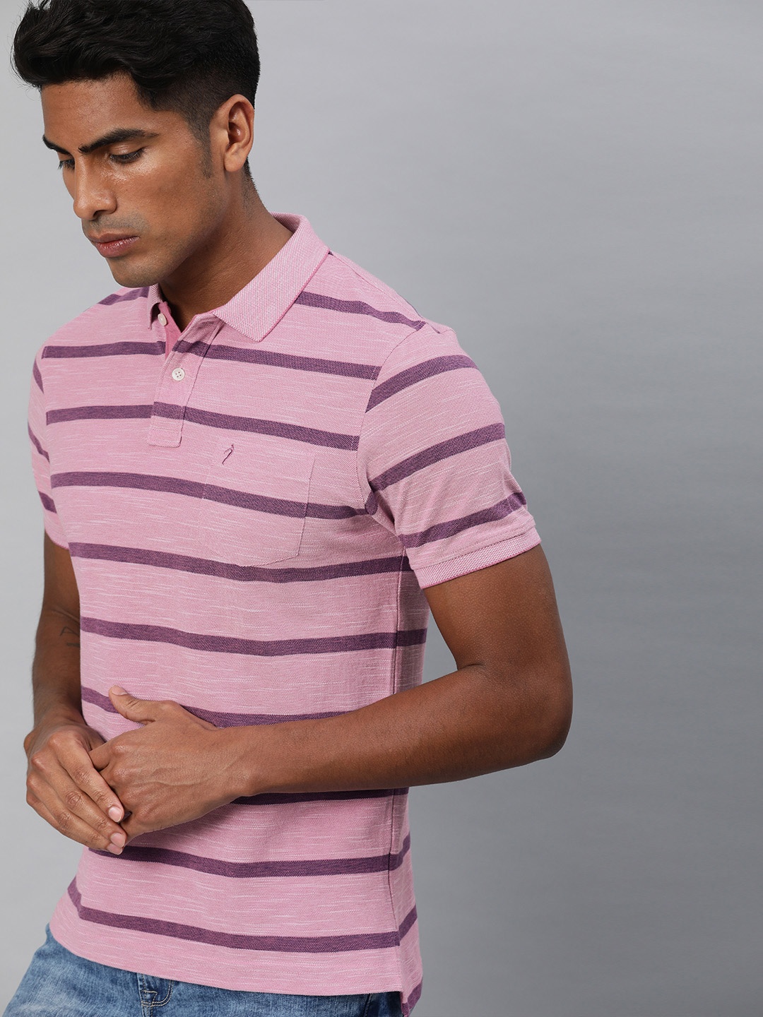 

Indian Terrain Men Pink & Purple Striped Polo Collar T-shirt