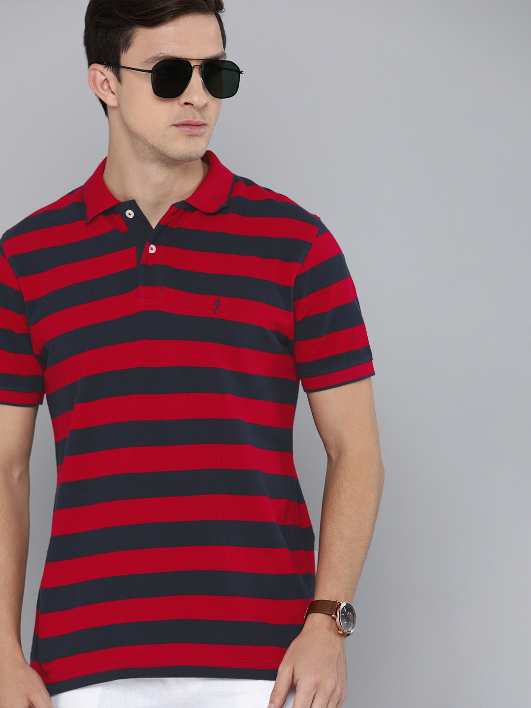 

Indian Terrain Men Navy Blue Red Regular Fit Striped Polo Collar Pure Cotton T-shirt