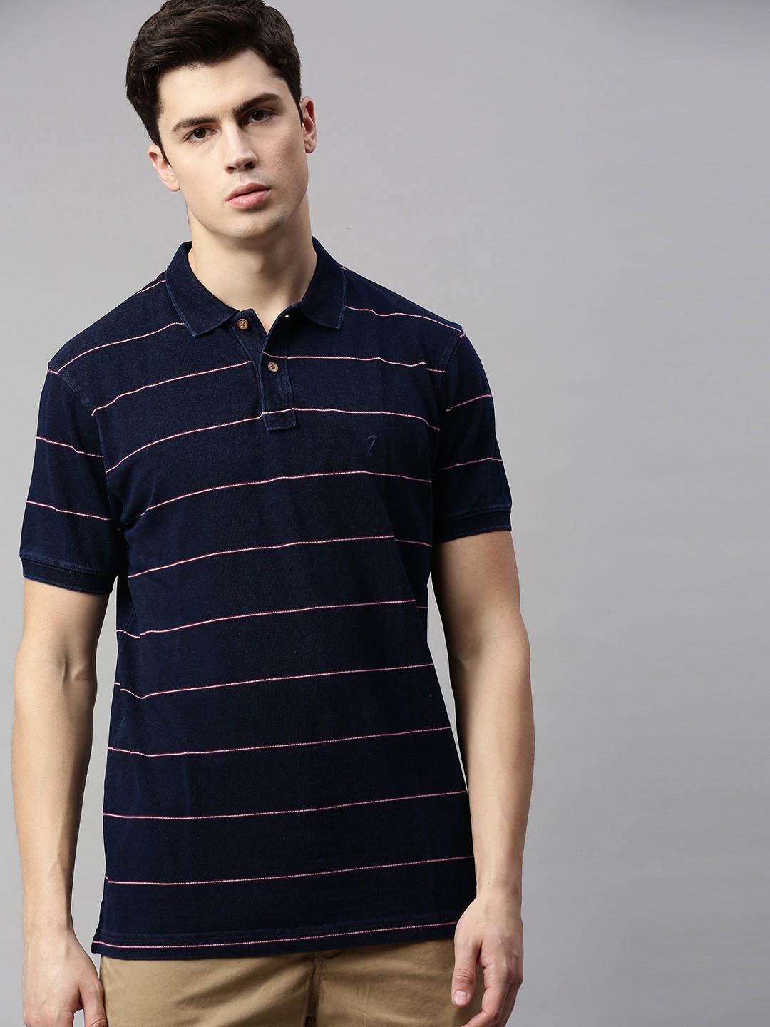 

Indian Terrain Men Navy Blue Striped Polo Collar T-shirt