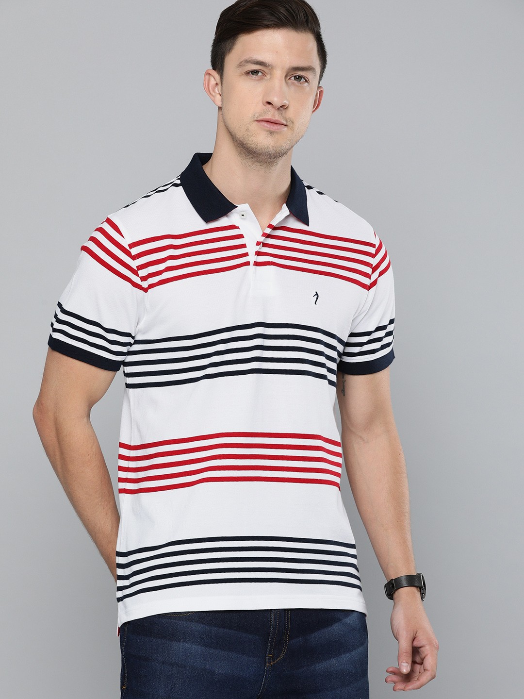 

Indian Terrain Men White Red Striped Polo Collar Pure Cotton T-shirt