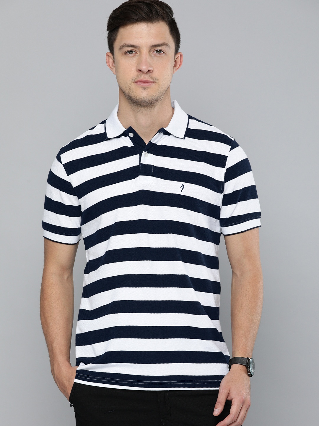 

Indian Terrain Men White Black Striped Polo Collar Pure Cotton T-shirt