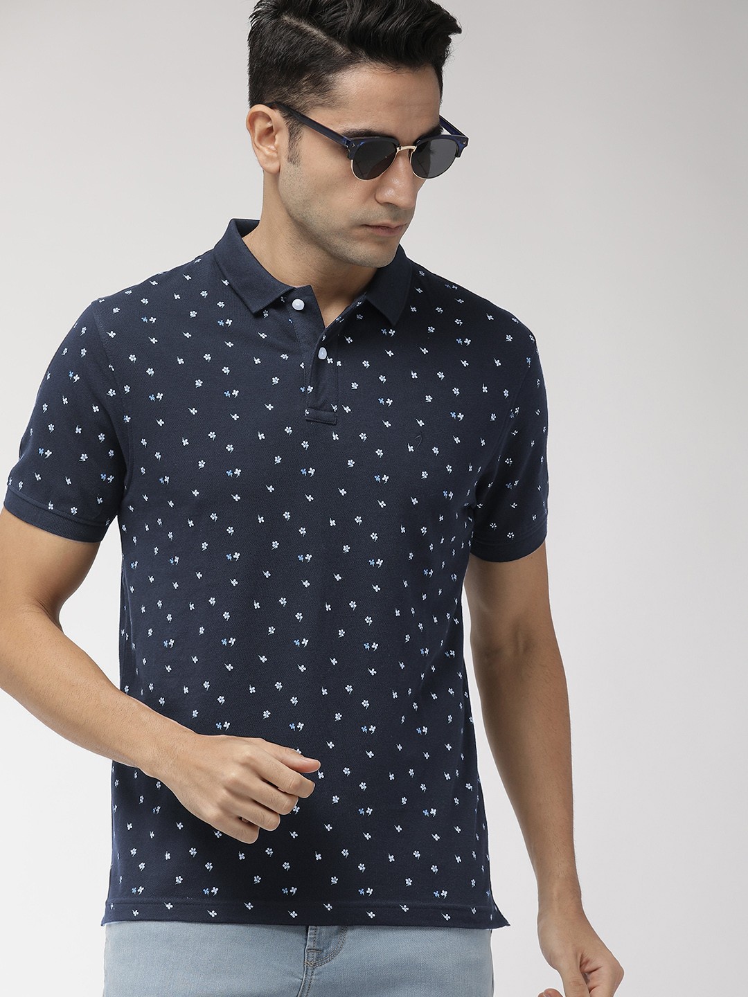 

Indian Terrain Men Navy Blue White Printed Polo Collar Pure Cotton T-shirt