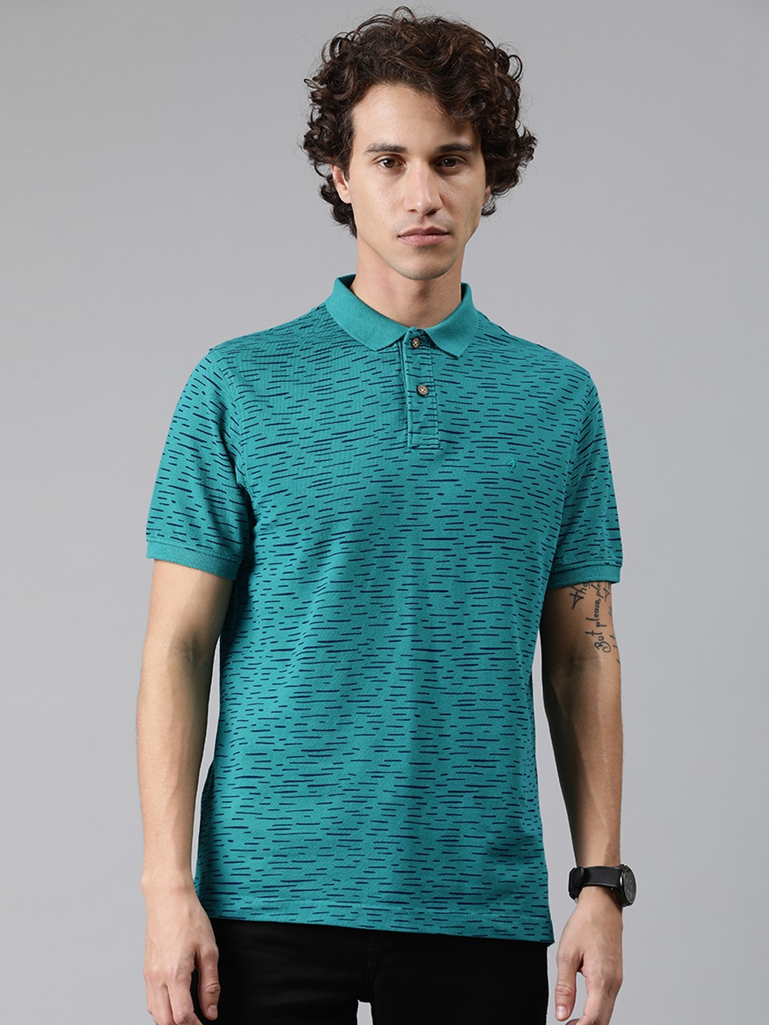 

Indian Terrain Men Teal Green Navy Blue Printed Polo Collar Pure Cotton T-shirt