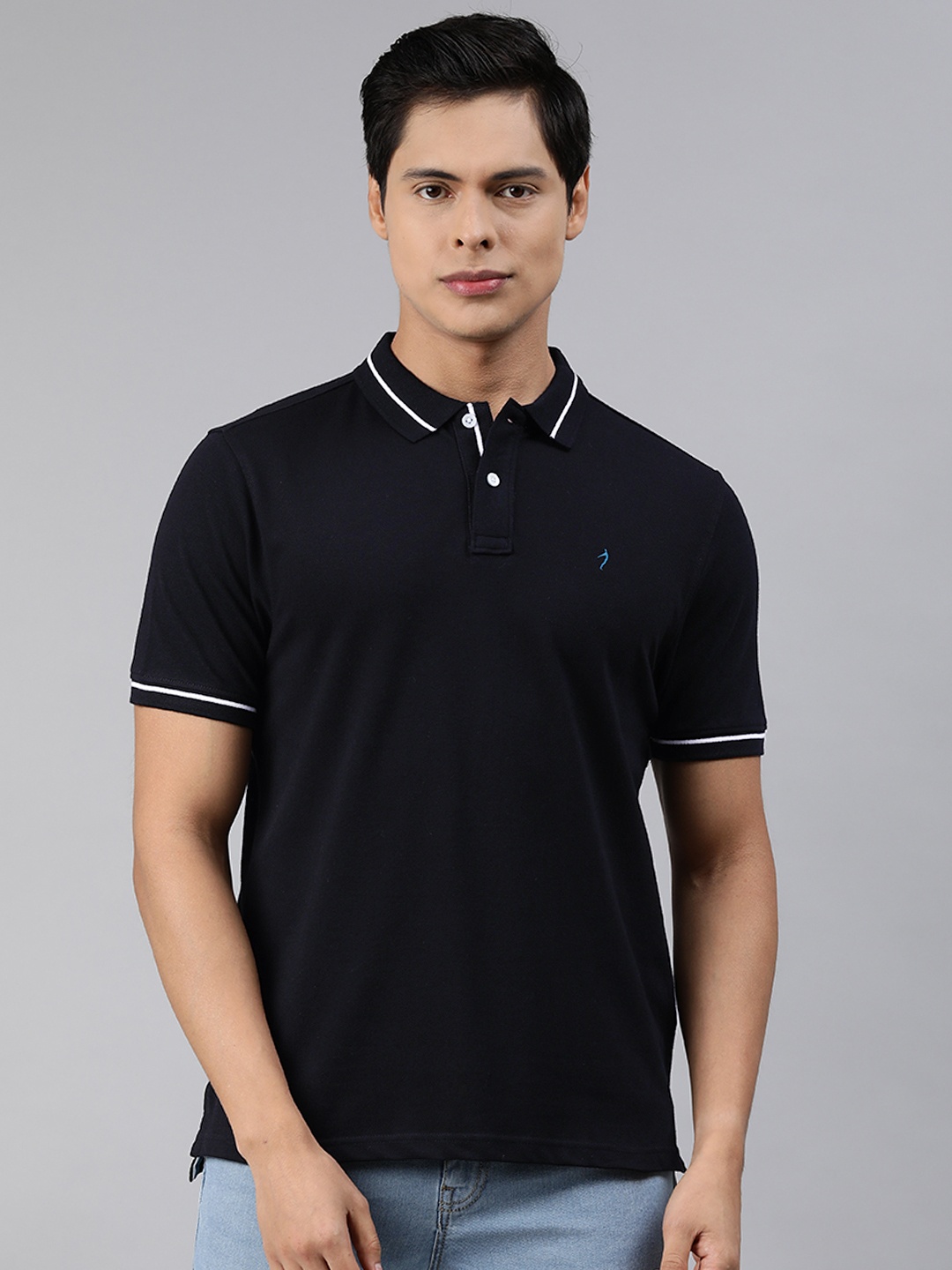 

Indian Terrain Men Navy Blue Solid Pure Cotton Polo Collar T-shirt