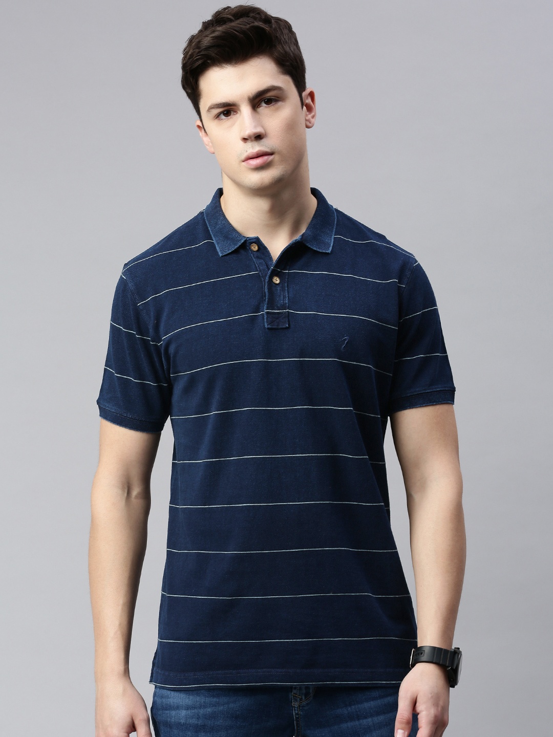 

Indian Terrain Men Blue Striped Polo Collar T-shirt