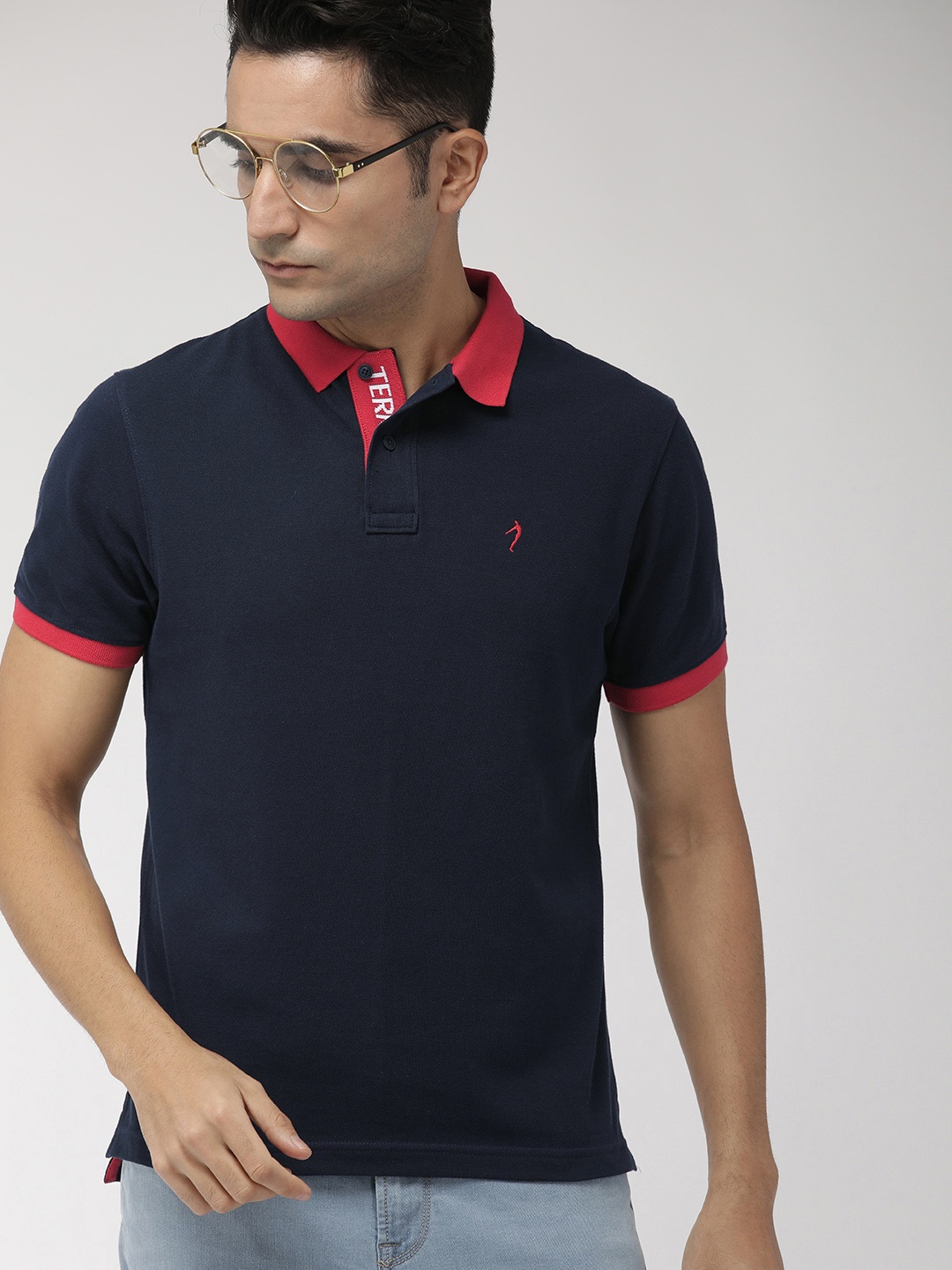 

Indian Terrain Men Navy Blue Solid Polo Collar Pure Cotton T-shirt