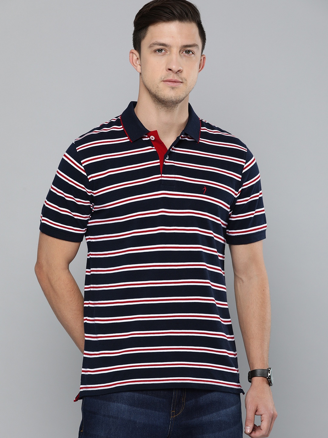 

Indian Terrain Men Navy Blue Red Striped Polo Collar Pure Cotton T-shirt
