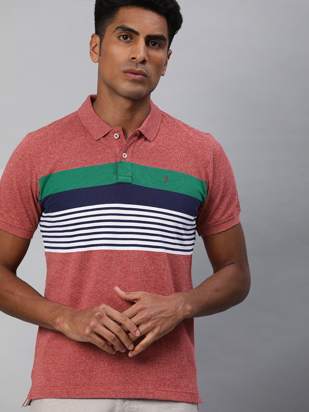 

Indian Terrain Men Red & Navy Blue Striped Polo Collar T-shirt