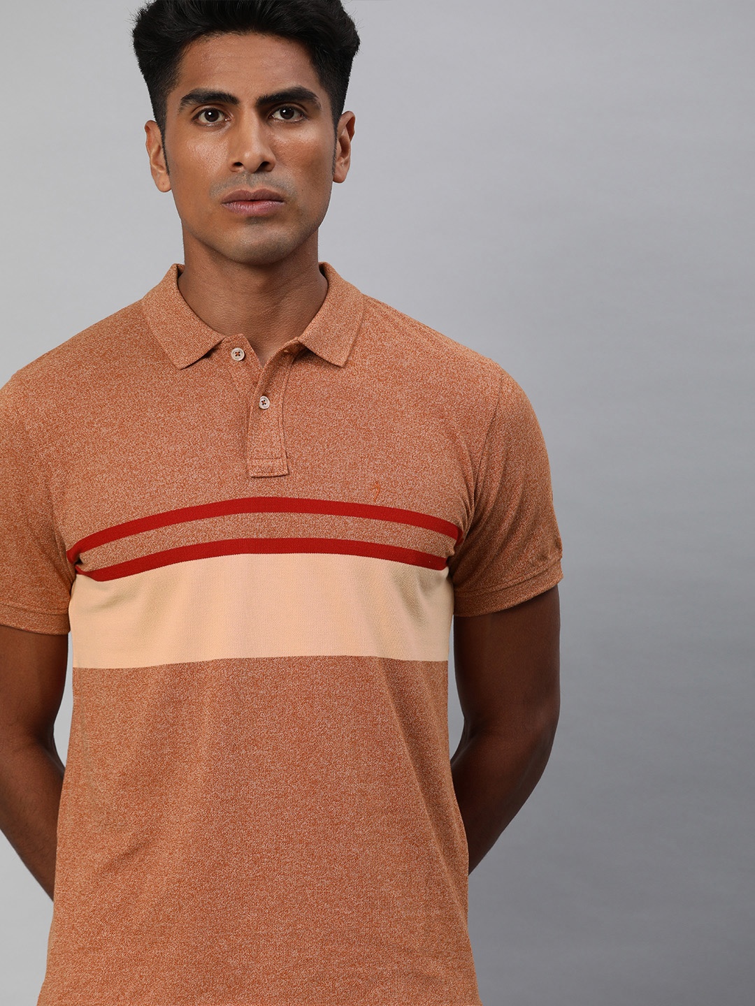 

Indian Terrain Men Rust Orange Striped Polo Collar T-shirt