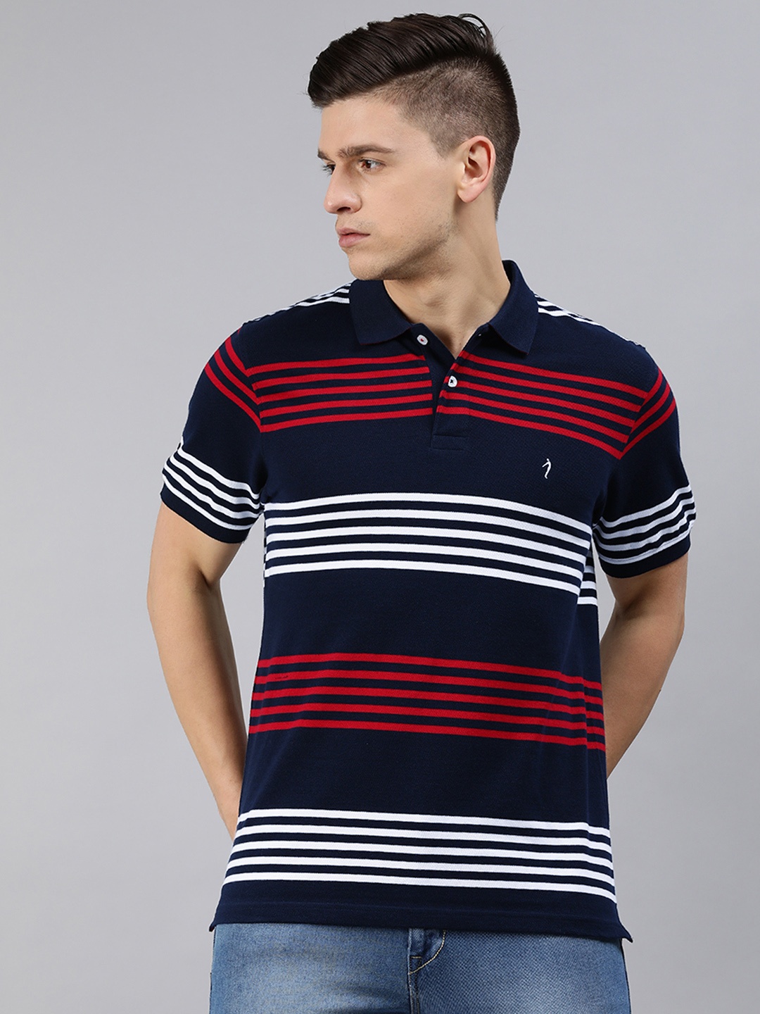 

Indian Terrain Men Navy Blue & White Striped Polo Collar T-shirt