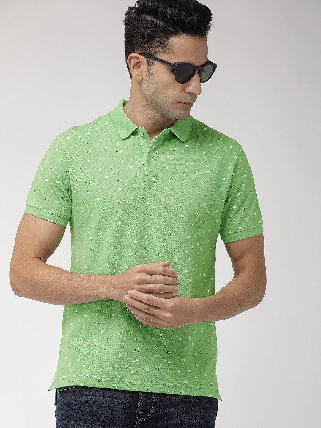 

Indian Terrain Men Green Printed Polo Collar Pure Cotton T-shirt